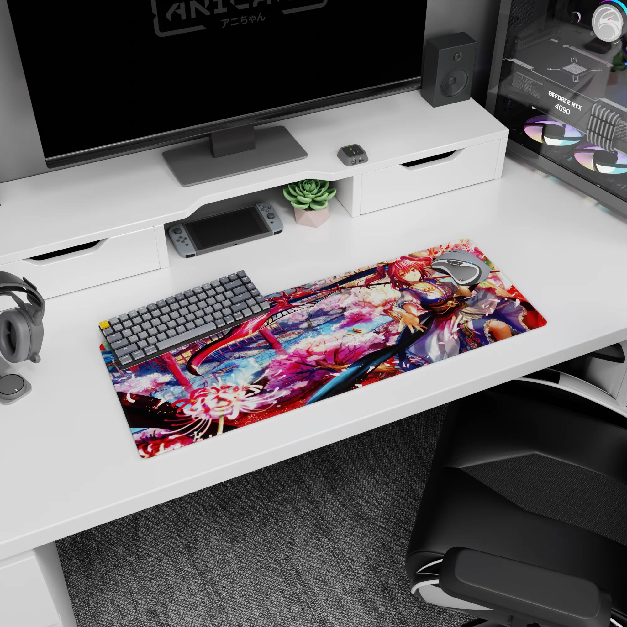 32x12 inches mouse pad featuring a pink-haired shrine fighter wielding a scythe amid cherry blossoms.