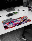 32x12 inches mouse pad featuring a pink-haired shrine fighter wielding a scythe amid cherry blossoms.