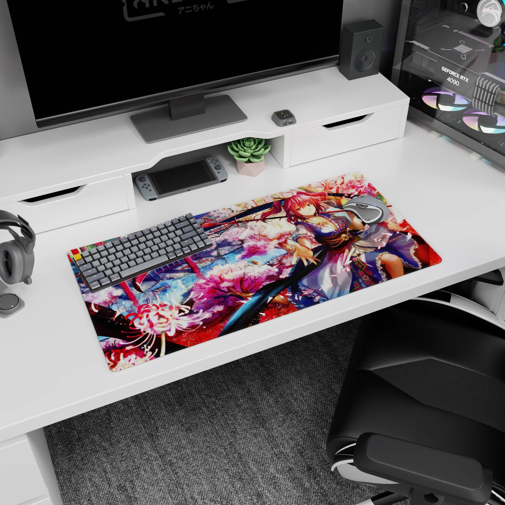 32x16 inches anime girl mouse pad showing a pink-haired kimono fighter smiling amid falling cherry blossoms.