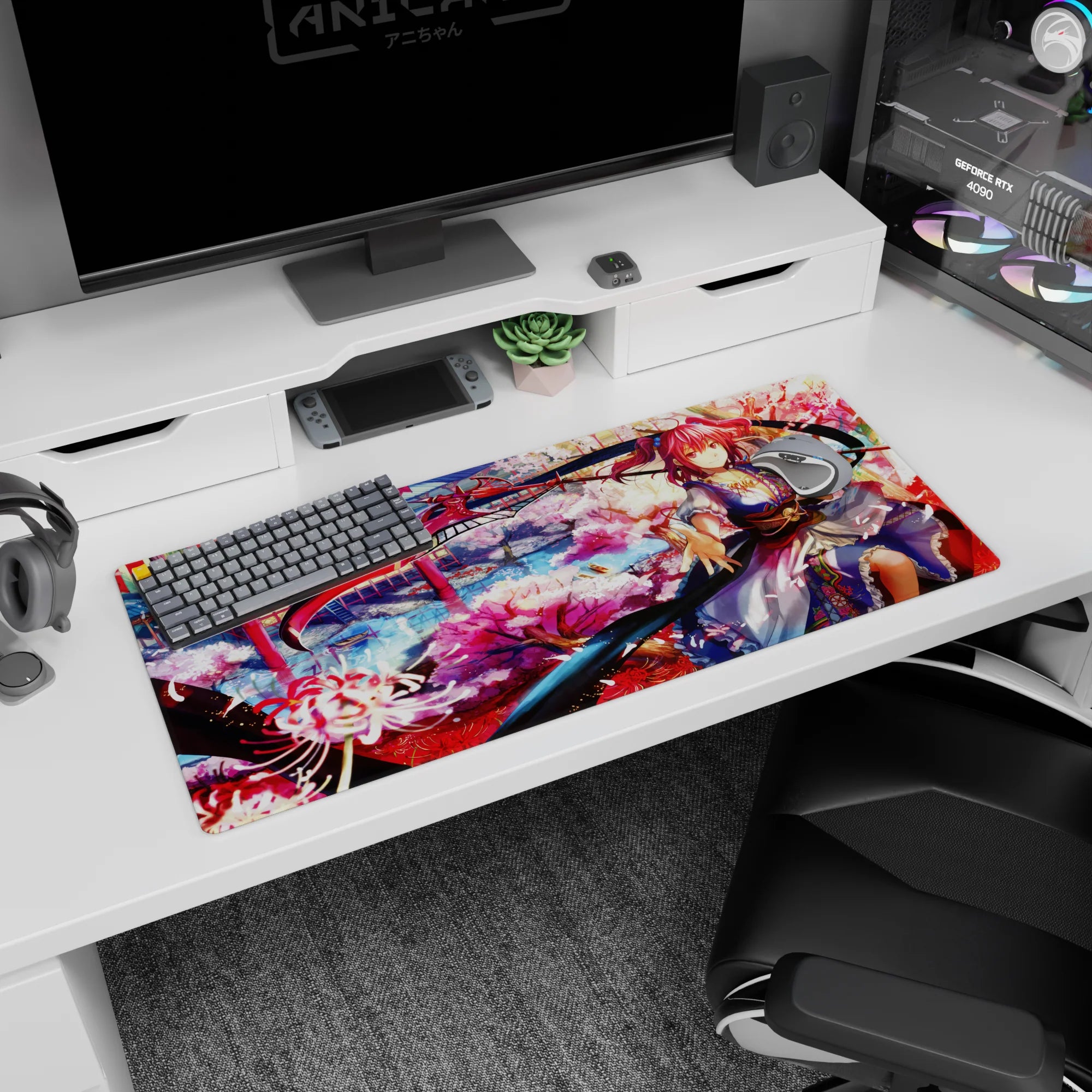 36x16 inches anime desk pad showing a pink-haired kimono shrine warrior smiling amid cherry blossoms.