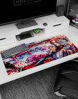 36x16 inches anime desk pad showing a pink-haired kimono shrine warrior smiling amid cherry blossoms.
