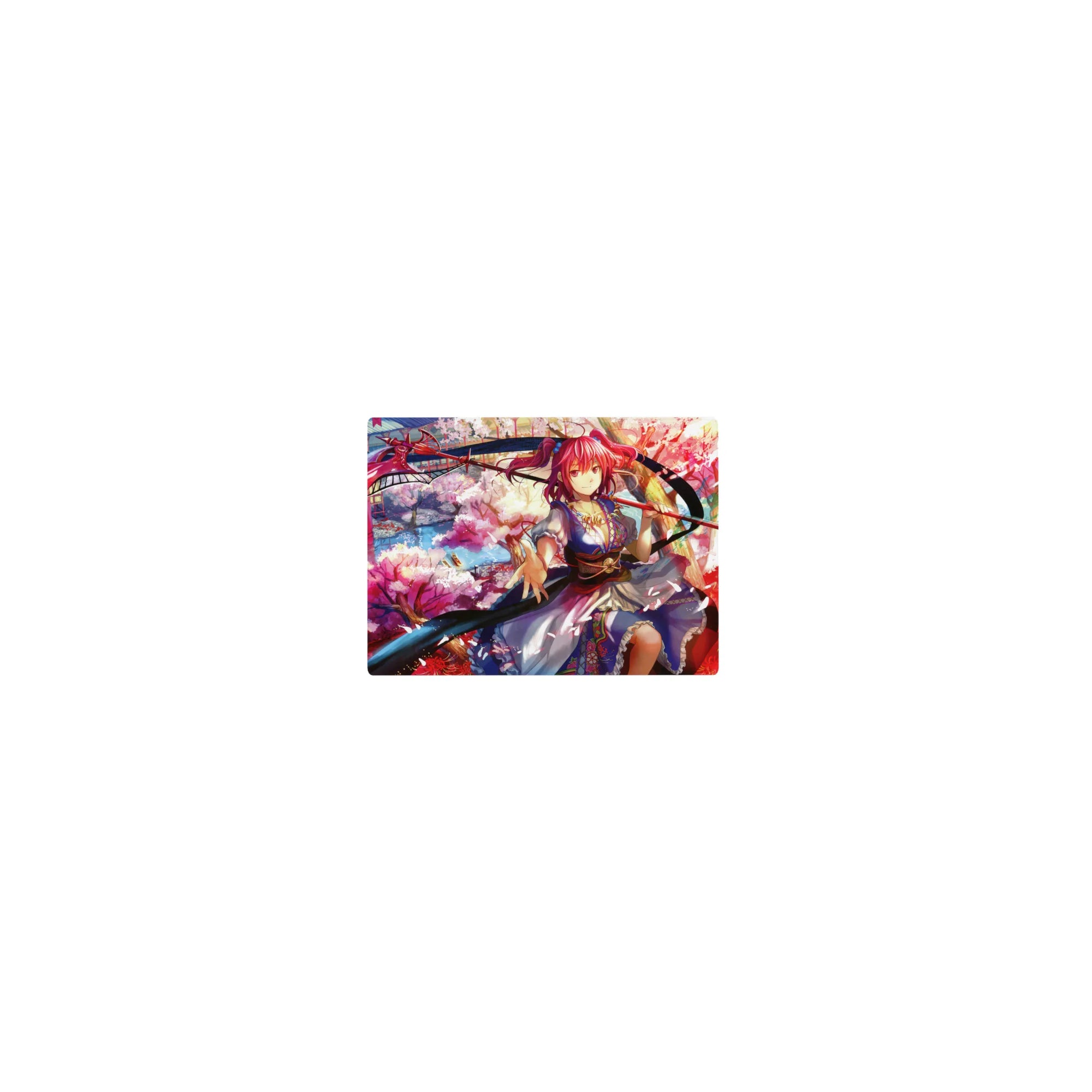 Classic anime girl mouse pad 14x10 inches with pink-haired shrine warrior, kimono patterns, and scythe ribbon.