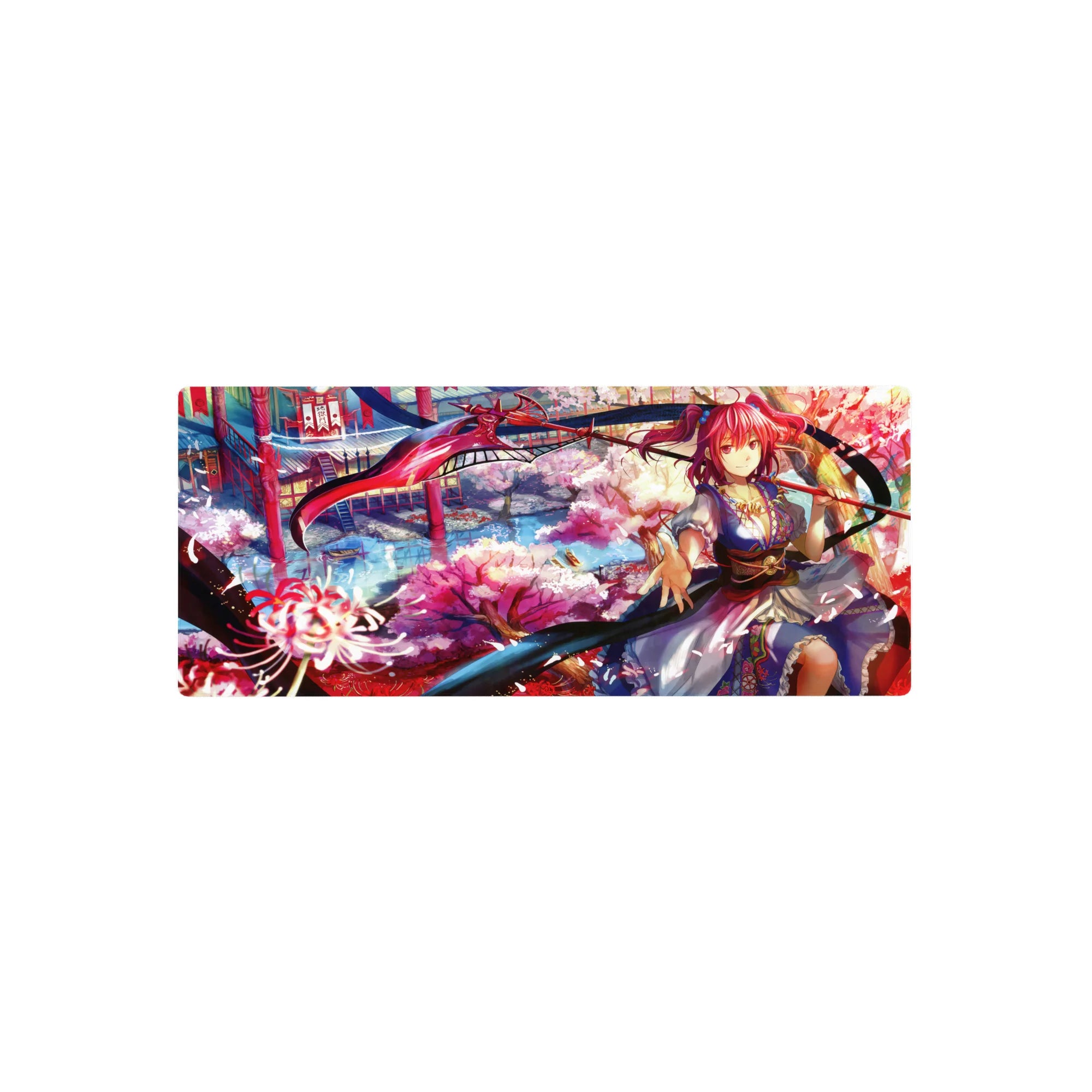 28x12 inches anime girl mouse pad with pink-haired shrine warrior, scythe ribbon, and sakura festival art.