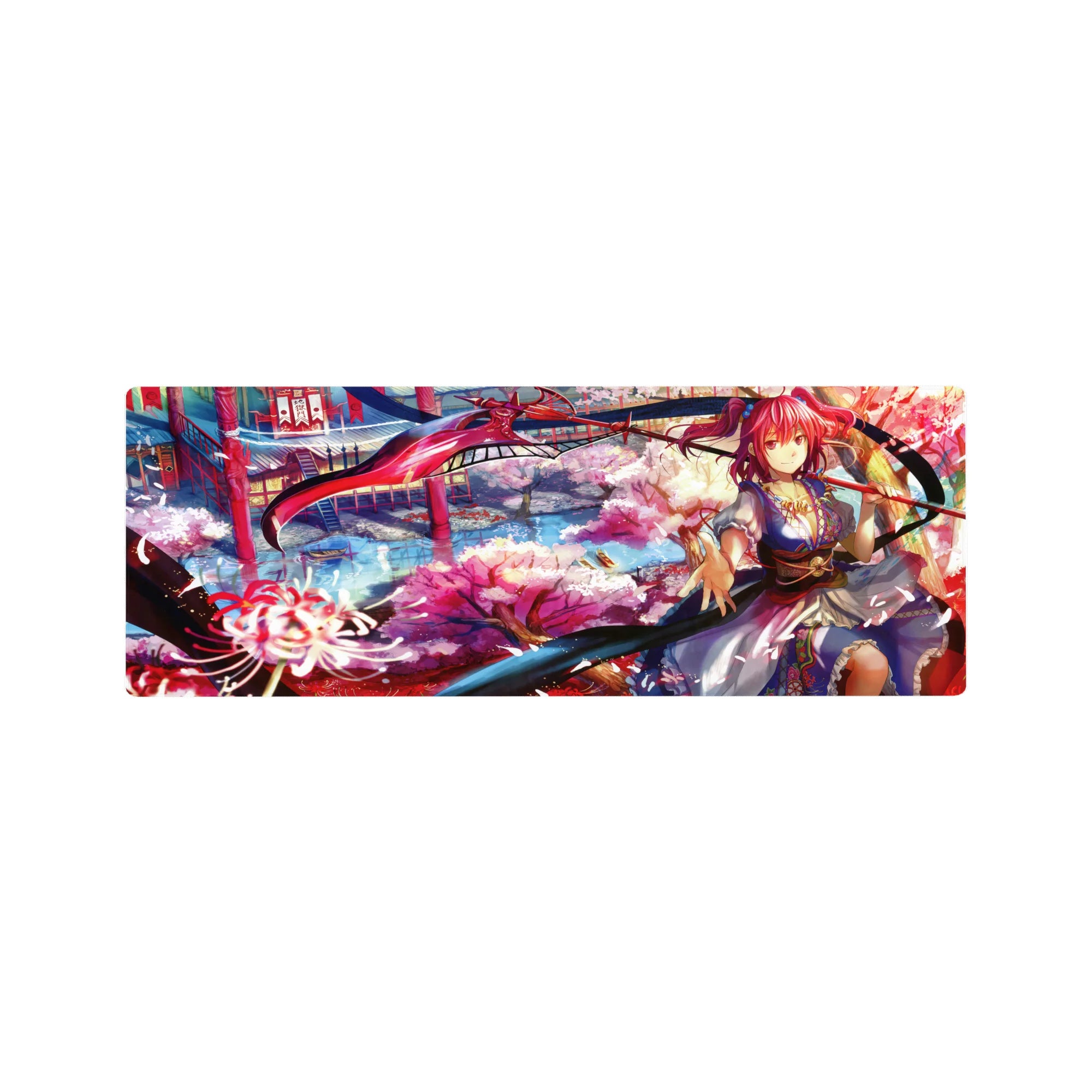 32x12 inches anime girl mouse pad with pink-haired shrine warrior and ornate kimono, sakura petals.