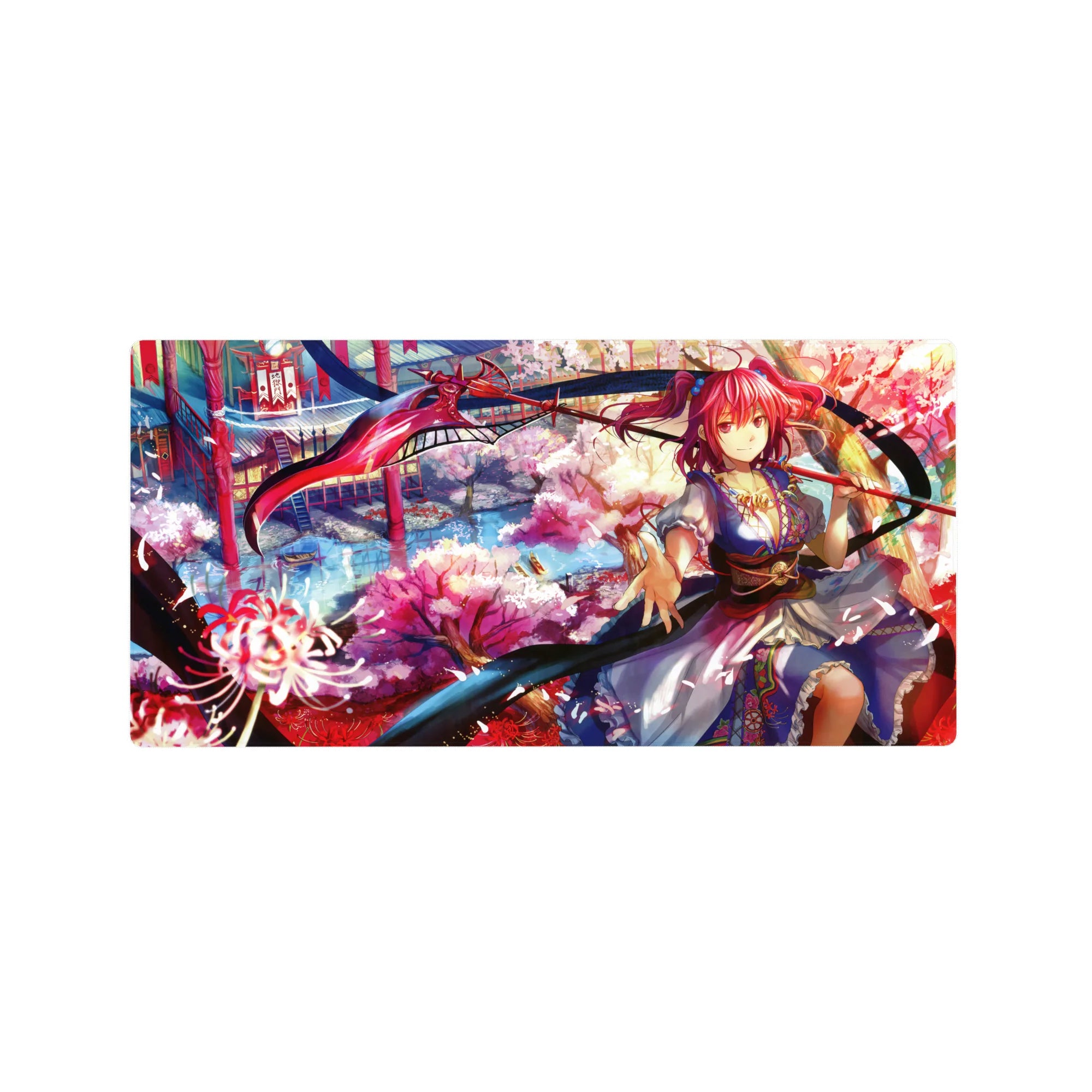 32x16 inches anime girl mouse pad with pink-haired shrine warrior, scythe-ribbon, sakura and lanterns.