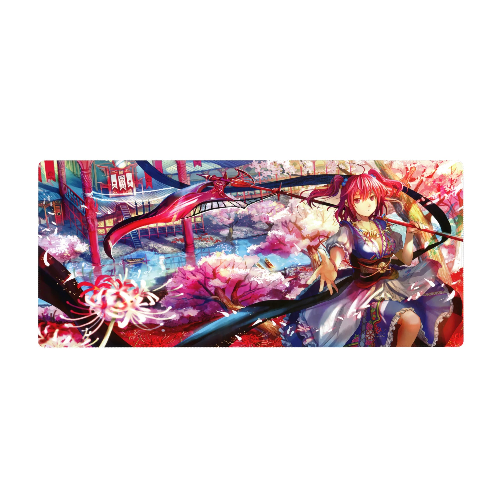 Anime girl desk pad 36x16 inches with pink-haired shrine warrior, scythe ribbon, sakura and lanterns.