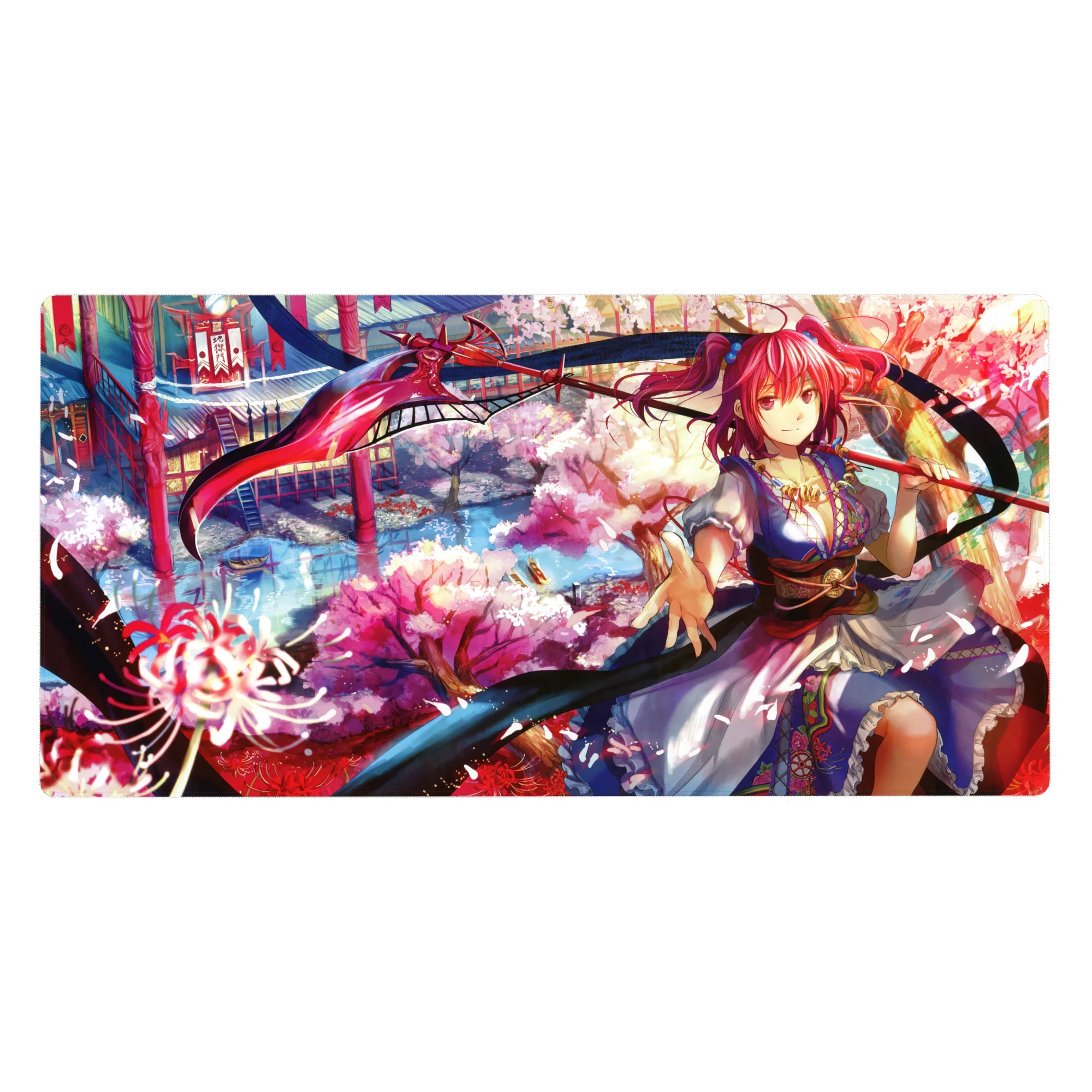 Festival fantasy anime girl desk pad 40x20 inches with shrine warrior, scythe ribbon, sakura patterns.