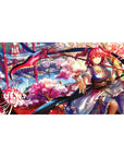 Festival fantasy anime girl desk pad 40x20 inches with shrine warrior, scythe ribbon, sakura patterns.