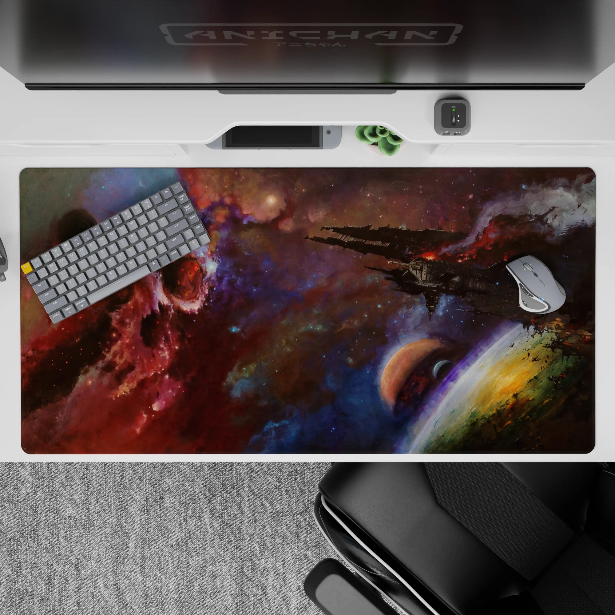 Stormy cosmic desk pad 40x20 inches in smoky blues and wine-red hues, calm yet chaotic mood.