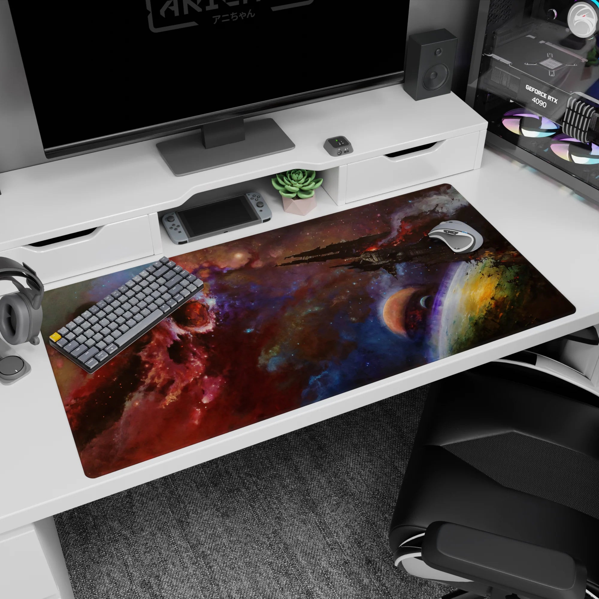Space scene desk pad 40x20 inches featuring a shadowy ship cutting across a starry nebula.