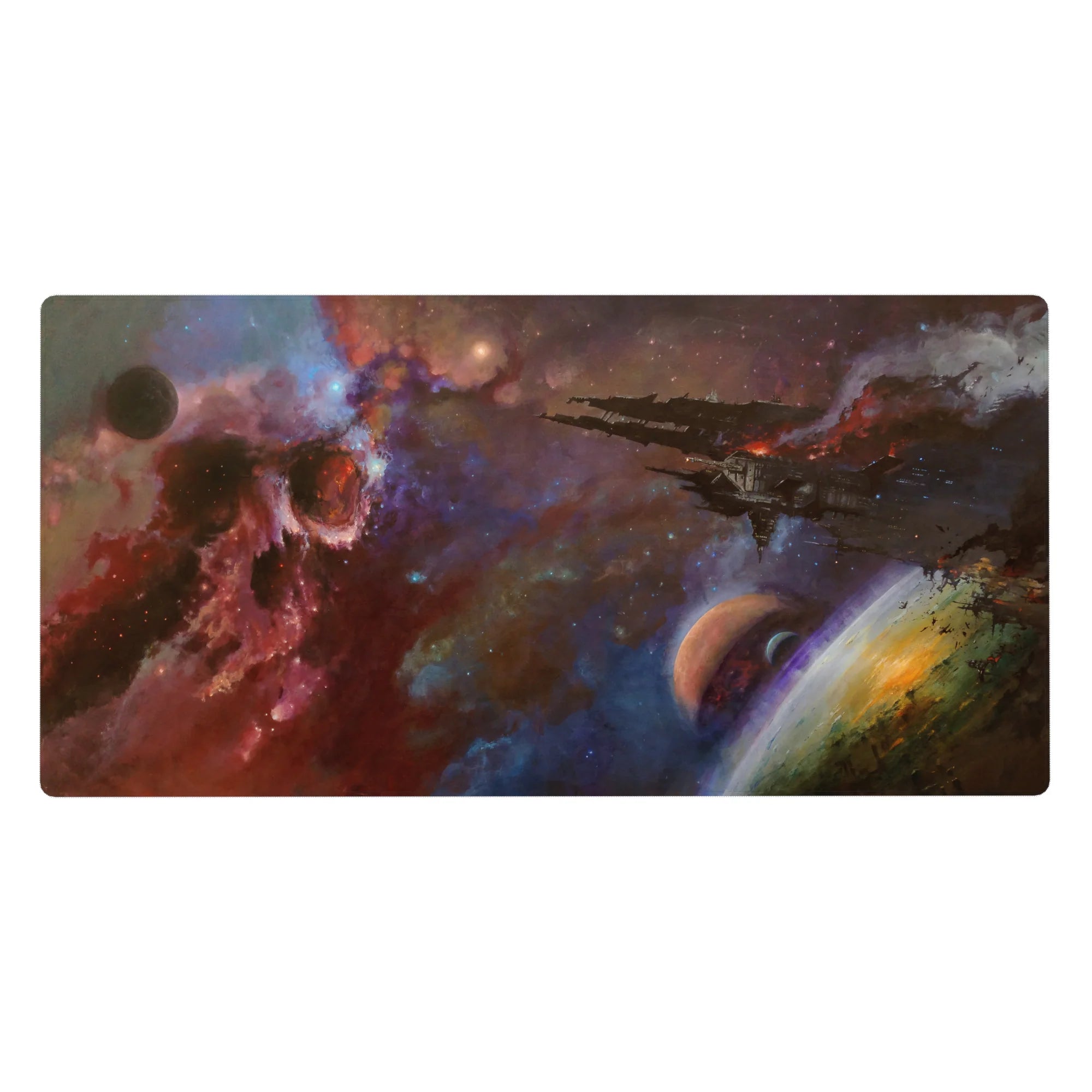 Galaxy nebula desk pad 40x20 inches with swirling clouds, tiny stars, and dramatic space-opera look.