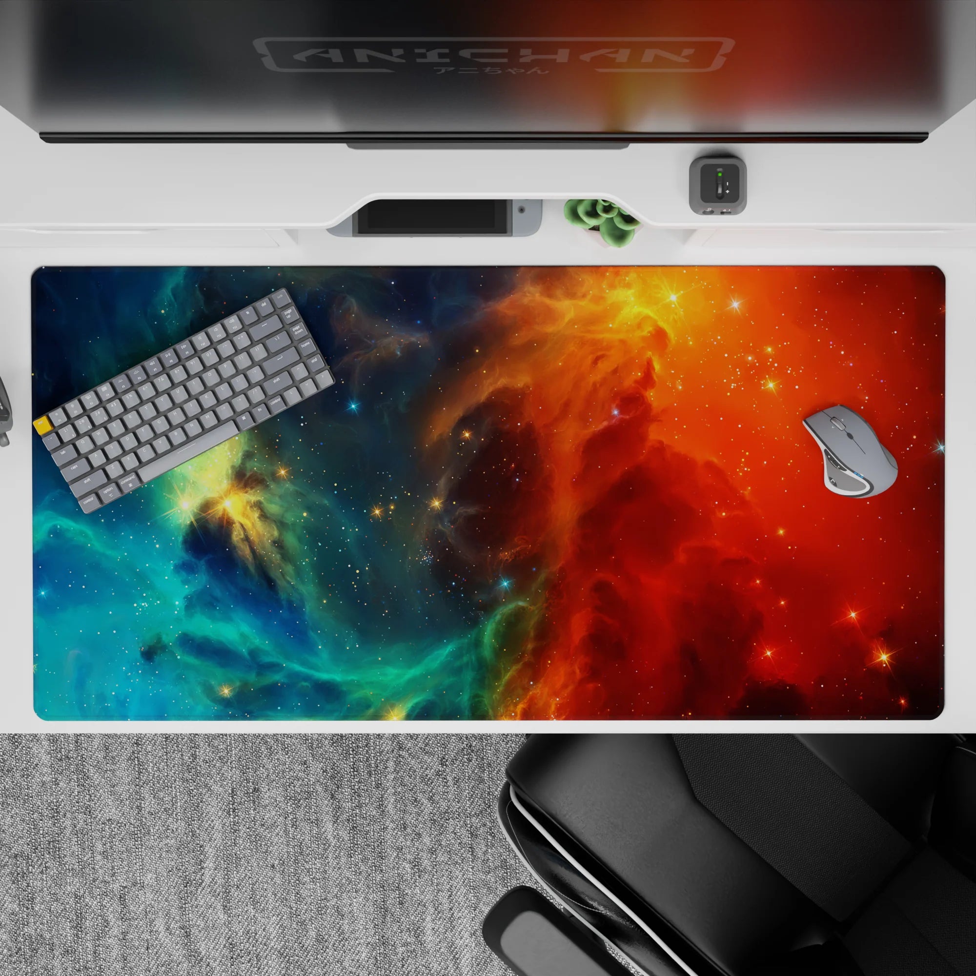 Moody teal-ocean blue fades into blazing orange-red glow desk pad 40x20 inches, calming star specks.