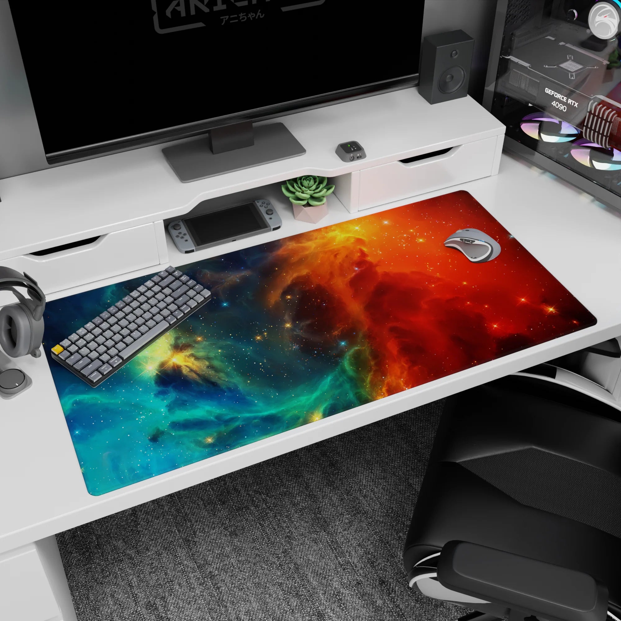 Portal-like space nebula scene desk pad 40x20 inches, bright edge glow with tiny stars over deep teal.