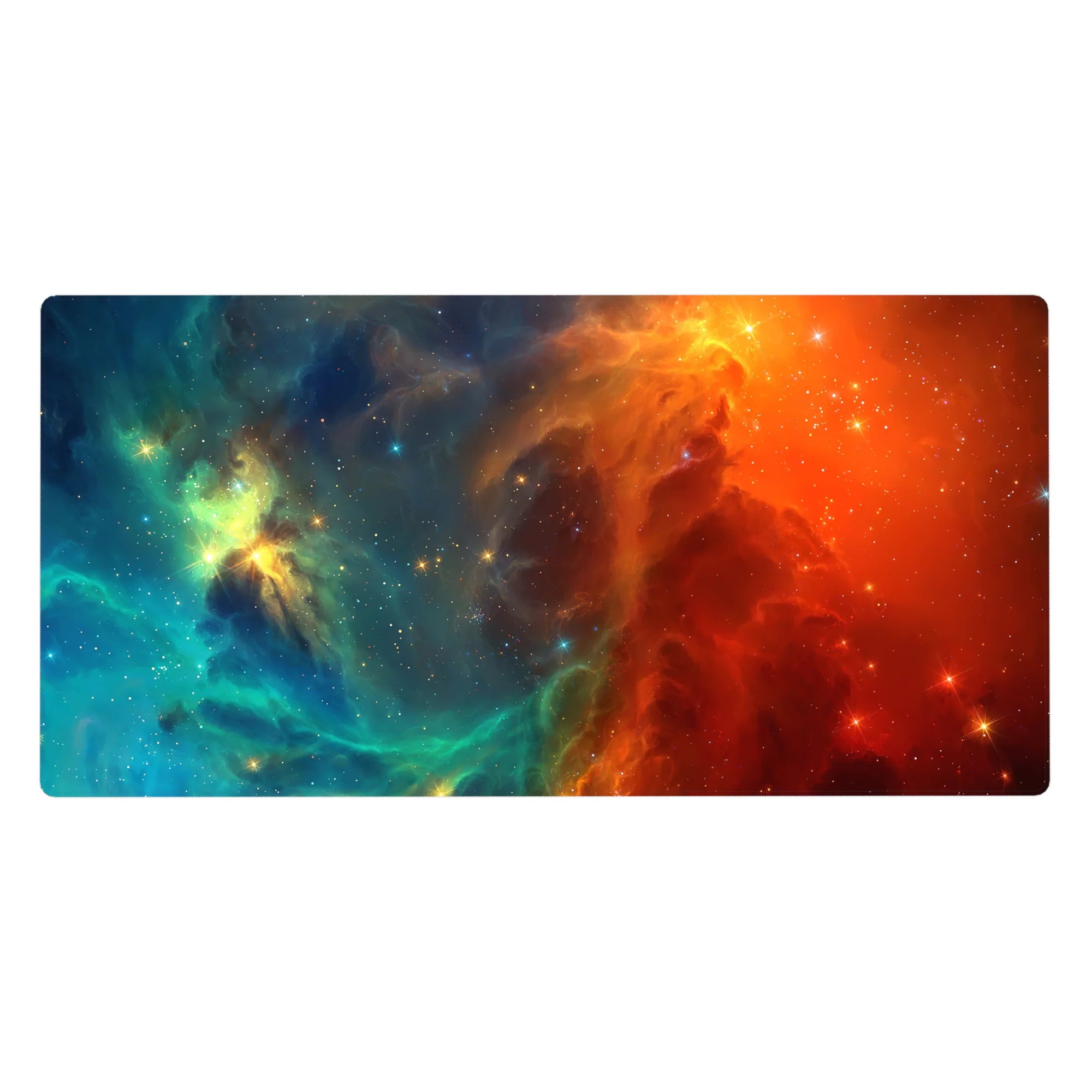 Cosmic nebula desk pad 40x20 inches with swirling teal and blue clouds and starry sparkles.