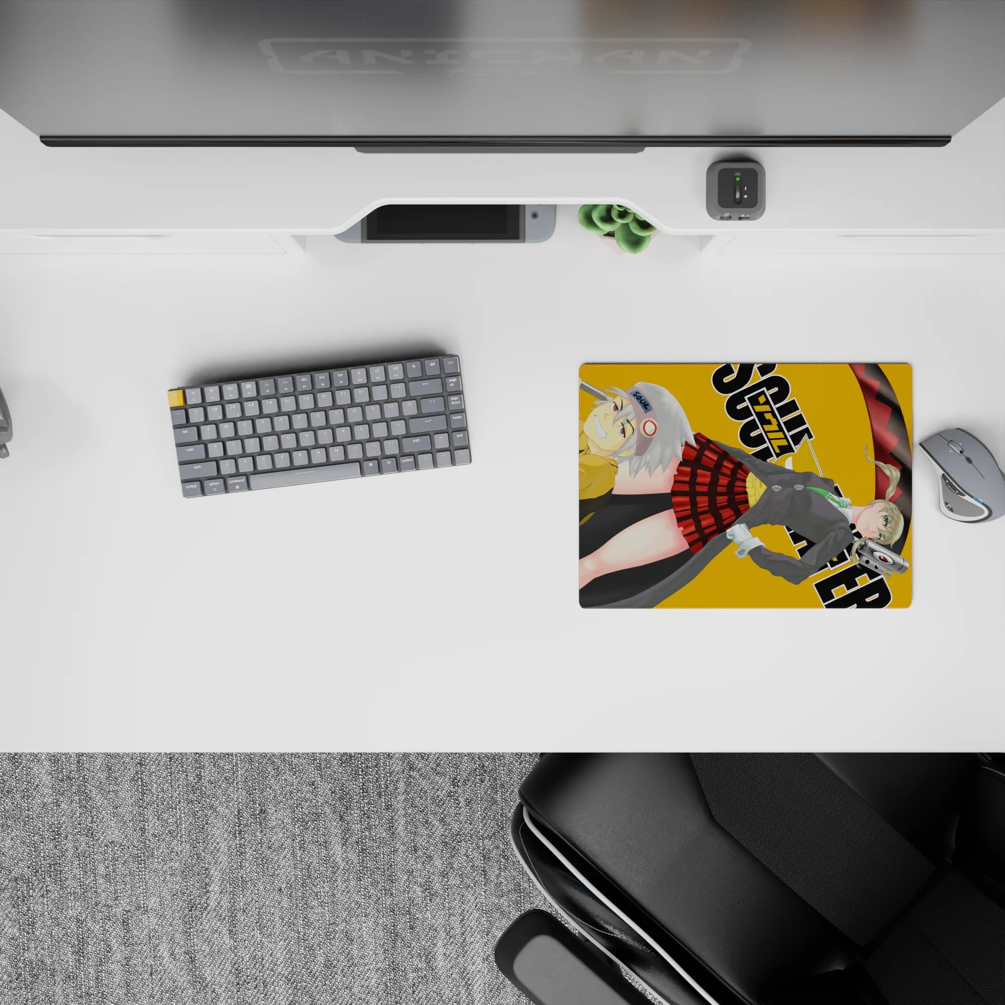 Dark-playful anime mouse pad 14x10 inches in gray, green, red plaid, and mustard tones with swirling scythe energy.