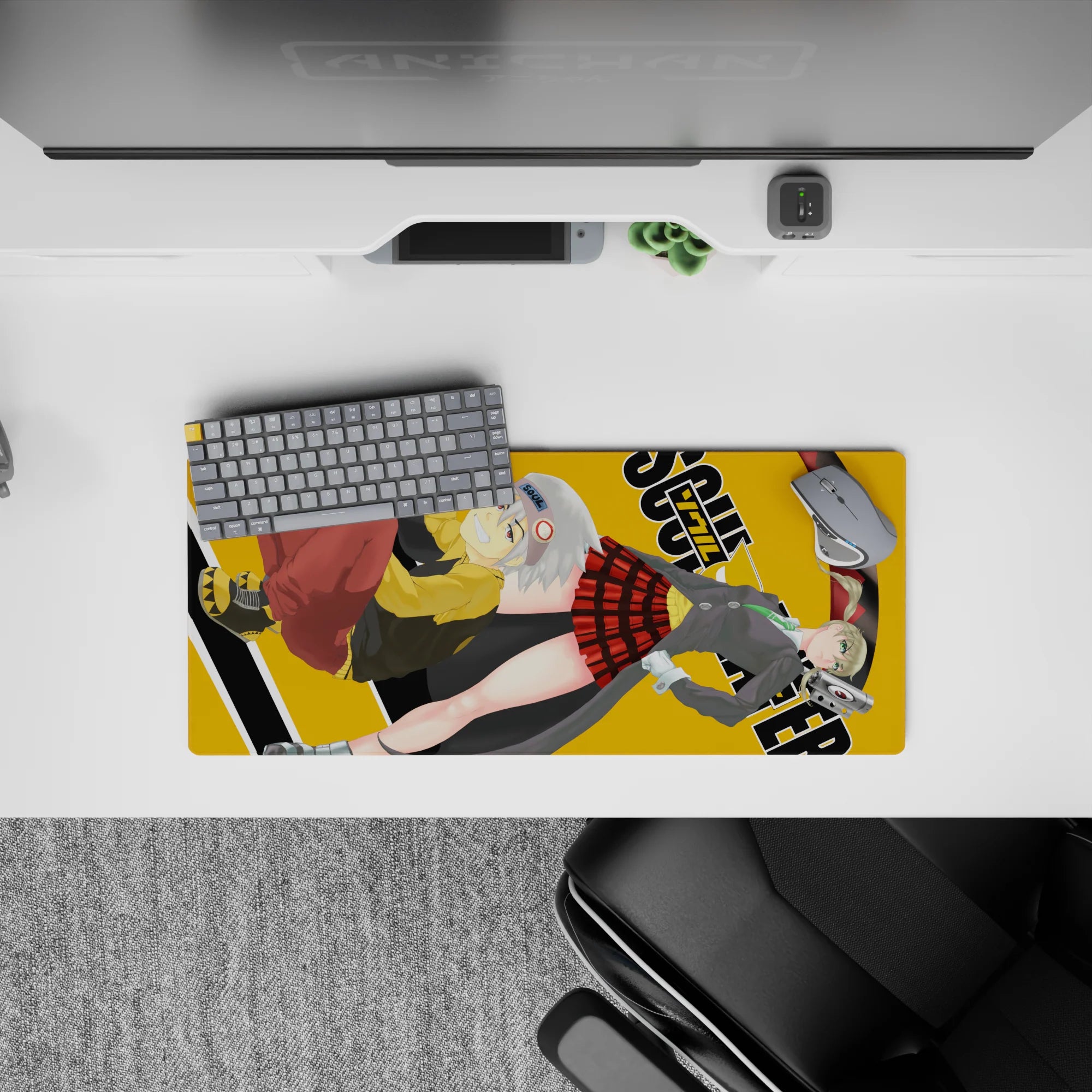 Mustard backdrop anime mouse pad 28x12 inches, vivid gray, green, red plaid, and yellow hoodie, dark-playful vibe.