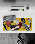 Mustard backdrop anime mouse pad 28x12 inches, vivid gray, green, red plaid, and yellow hoodie, dark-playful vibe.