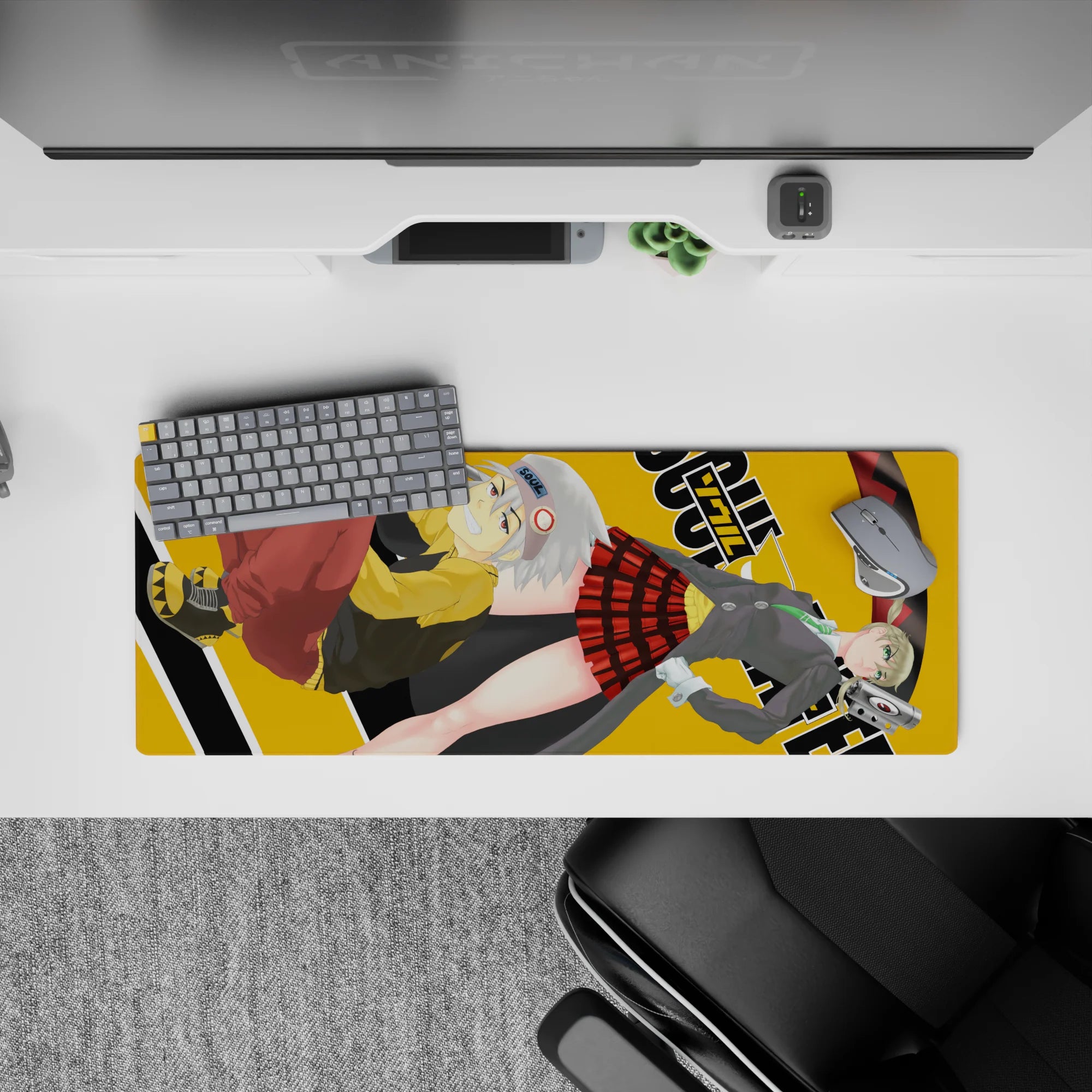 Dark-playful anime mouse pad 32x12 inches in gray, green, red plaid, and mustard tones with swirling scythe energy.