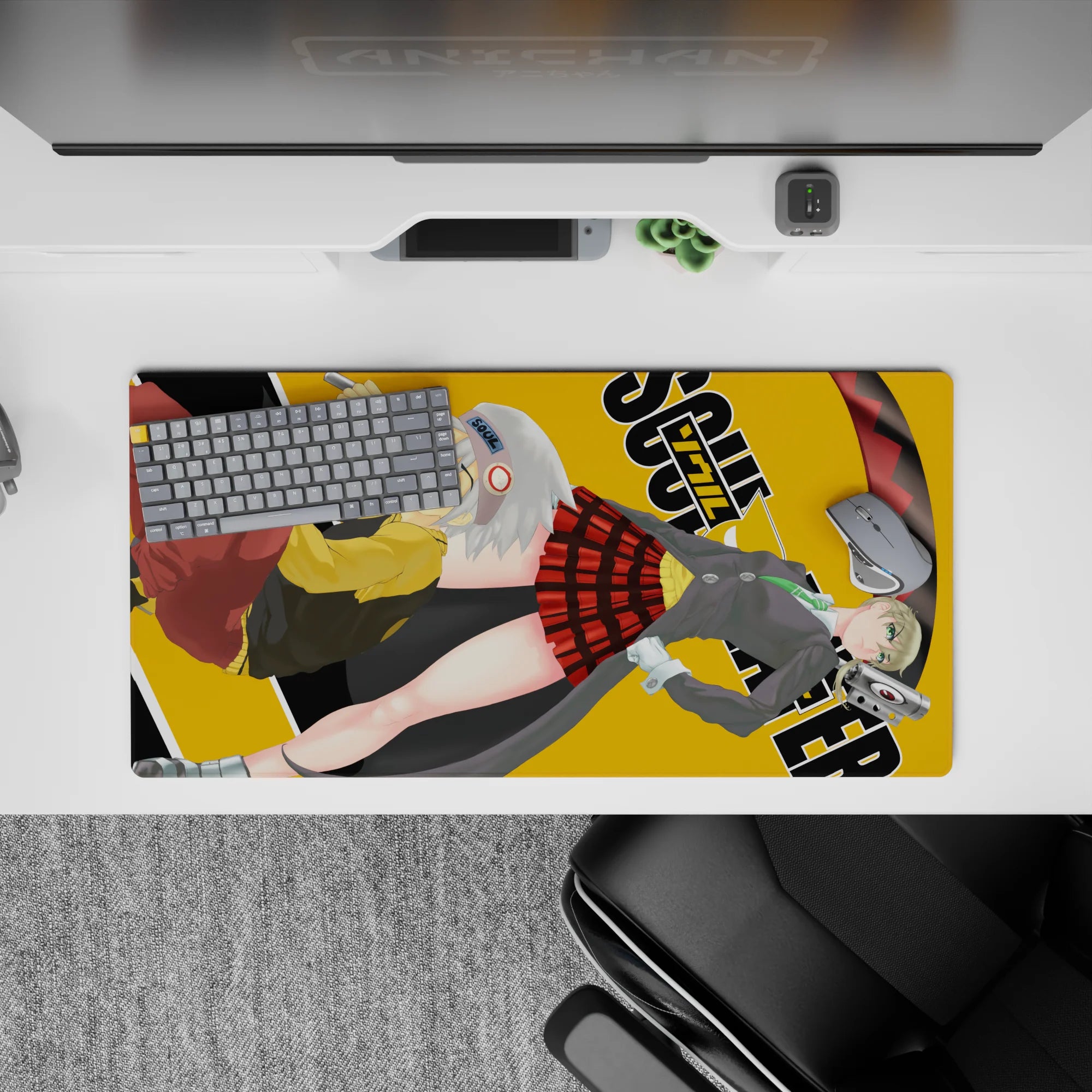Dark-playful anime mouse pad 32x16 inches in mustard yellow with crisp grays, red plaid, and neon energy swirl.
