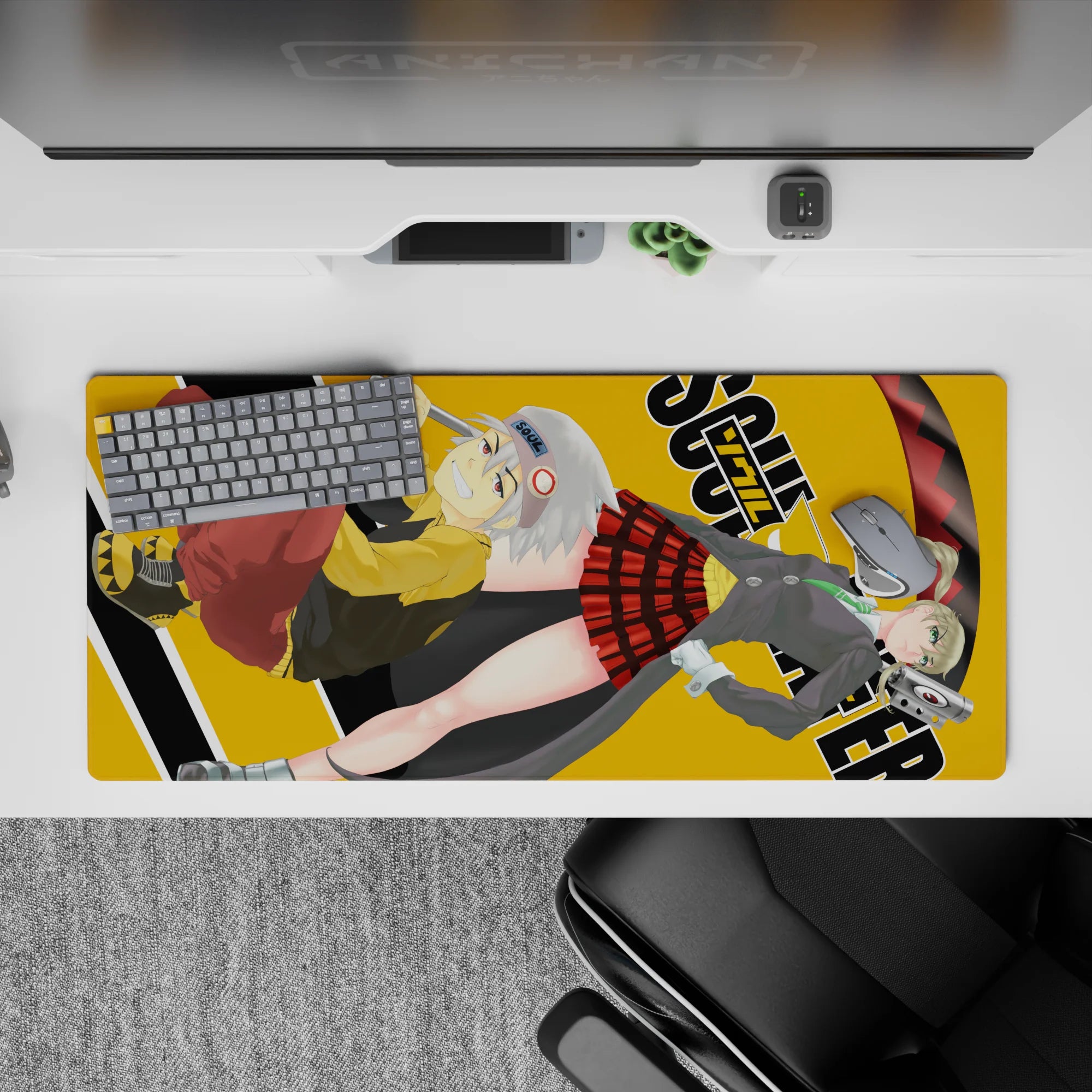 Dark-playful anime desk pad 36x16 inches in mustard yellow, crisp grays, red plaid, and neon scythe energy.