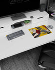 Maka in gray blazer and red plaid skirt beside grinning Soul in yellow hoodie, anime mouse pad 14x10 inches.