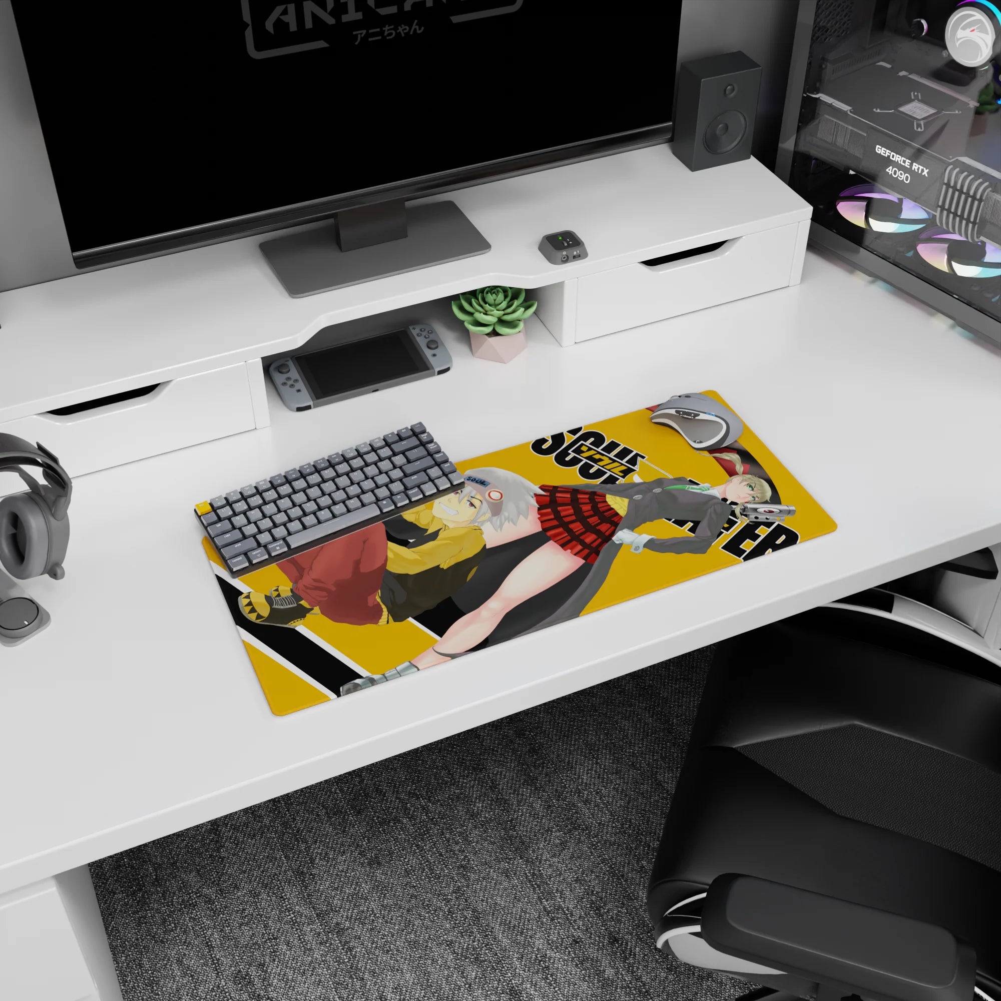 Maka in blazer and red plaid skirt beside grinning Soul in yellow hoodie, anime mouse pad 28x12 inches.