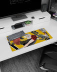 Maka in blazer and red plaid skirt beside grinning Soul in yellow hoodie, anime mouse pad 28x12 inches.