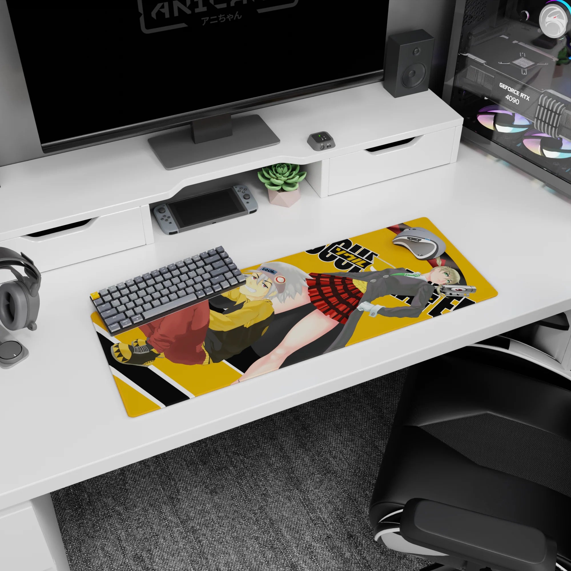 Maka in gray blazer and red plaid skirt with Soul in yellow hoodie, anime mouse pad 32x12 inches.