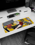 Maka in gray blazer and red plaid skirt with Soul in yellow hoodie, anime mouse pad 32x12 inches.