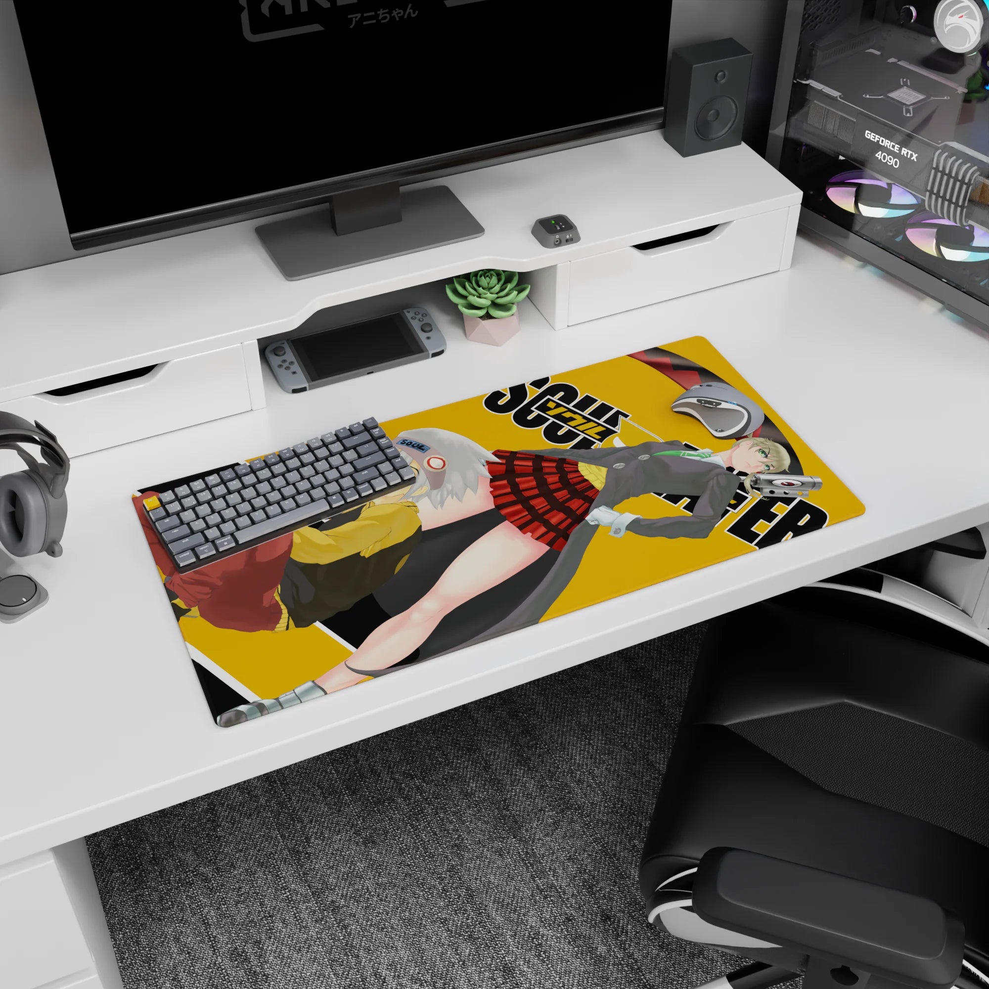 Maka in gray blazer and green tie beside Soul in yellow hoodie, 32x16 inches anime mouse pad scene.