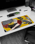 Maka in gray blazer and green tie beside Soul in yellow hoodie, 32x16 inches anime mouse pad scene.
