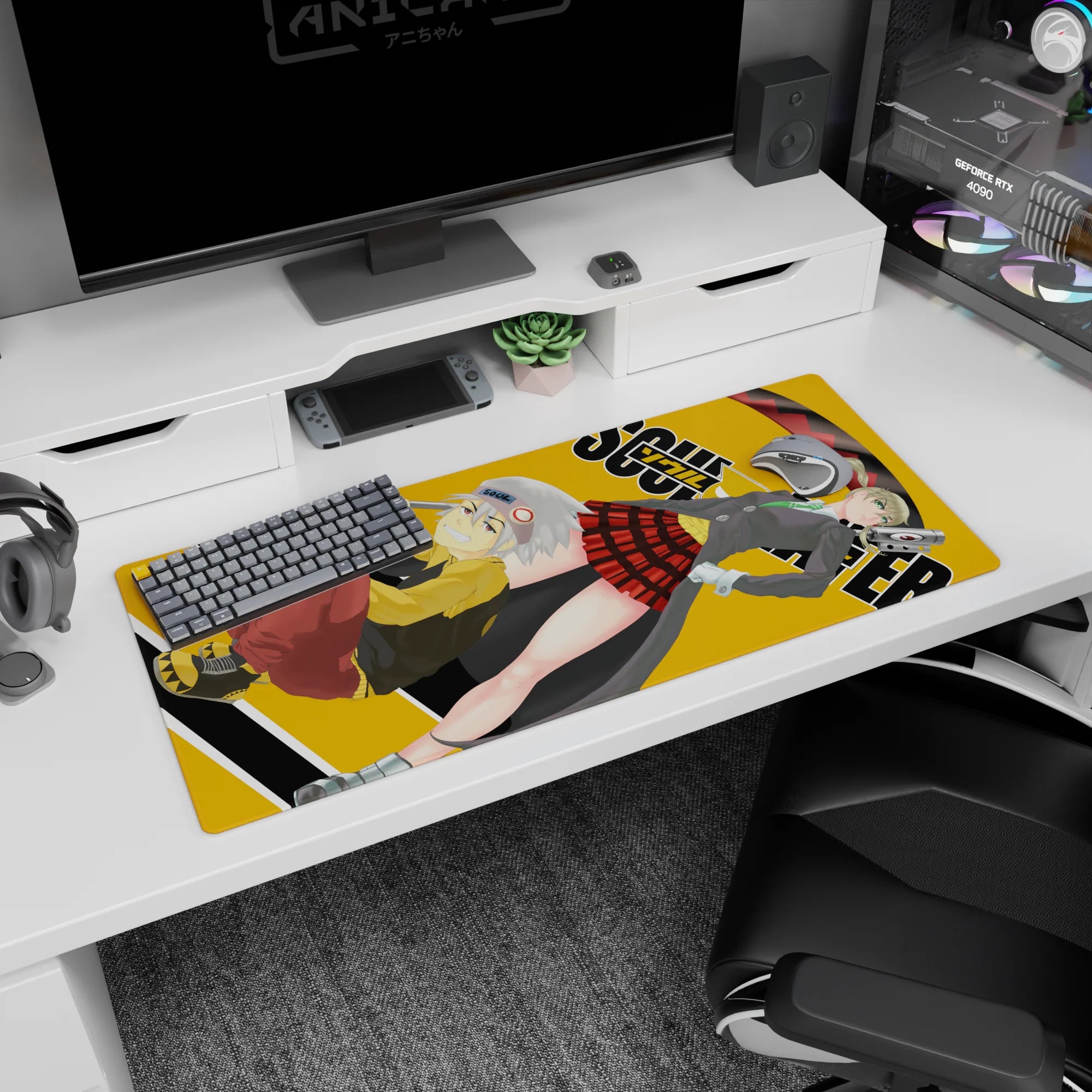 Maka in gray blazer with green tie beside Soul in yellow hoodie, anime desk pad 36x16 inches.
