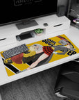 Maka in gray blazer with green tie beside Soul in yellow hoodie, anime desk pad 36x16 inches.