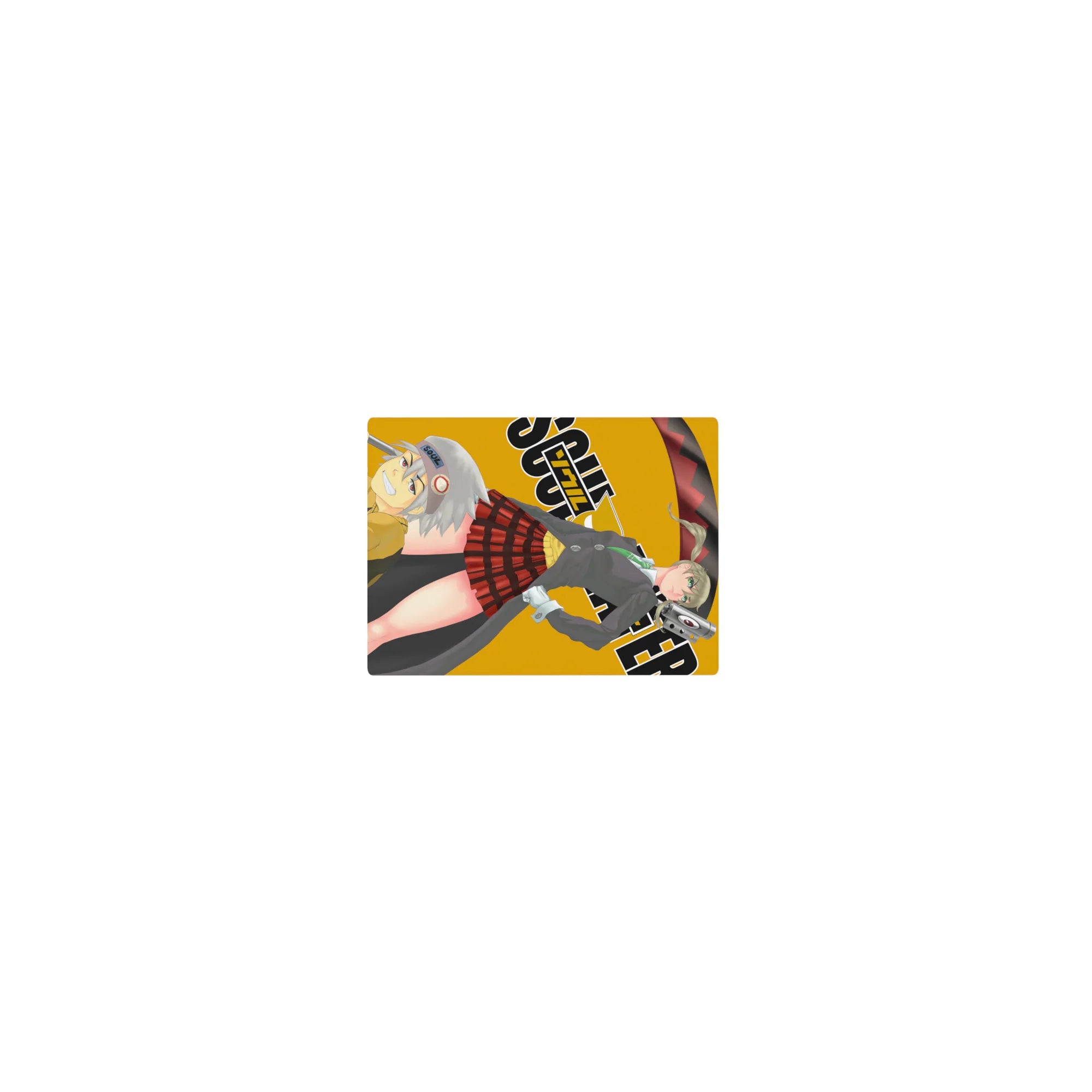 Classic anime mouse pad 14x10 inches with Maka and Soul on a bold mustard backdrop and chunky logo shapes.