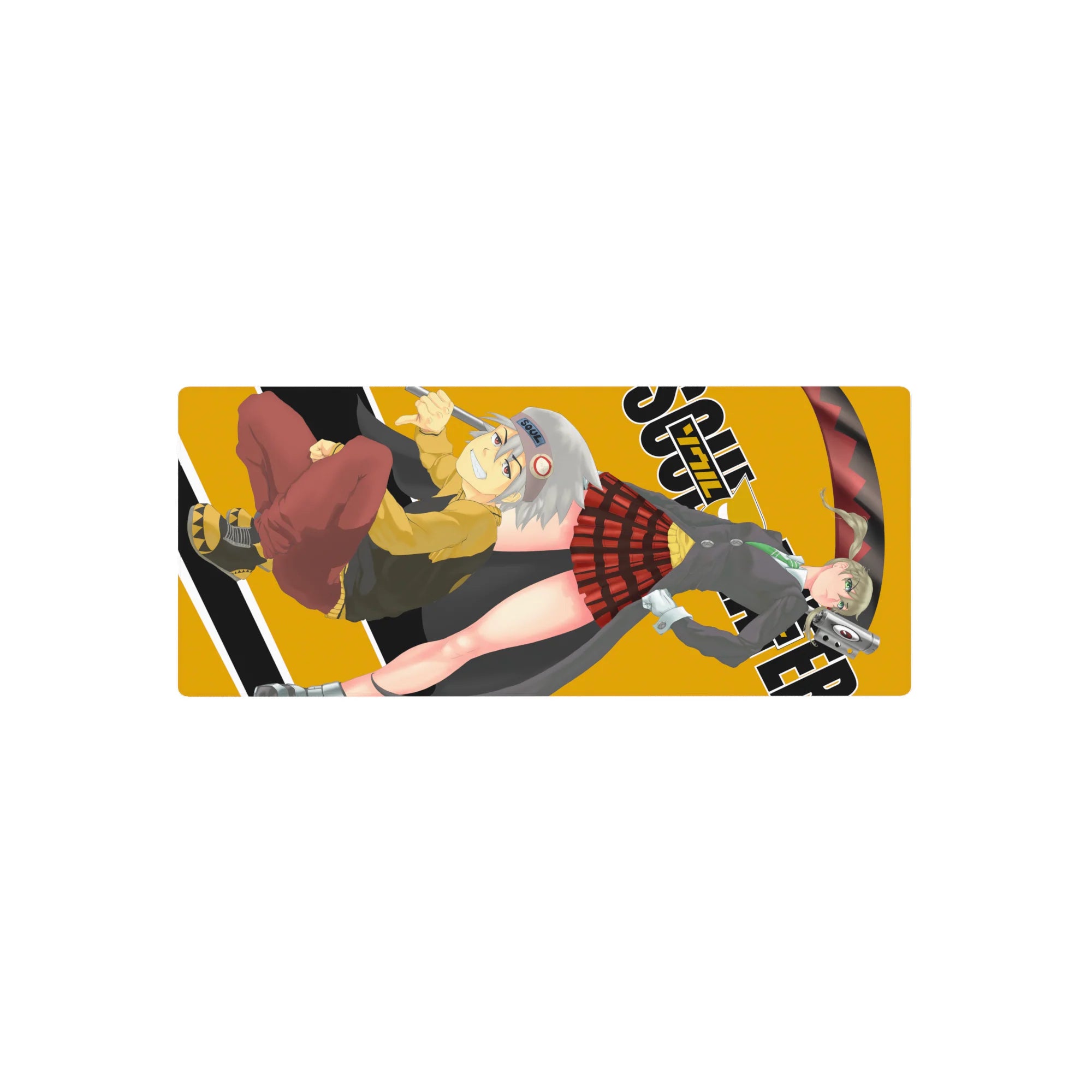 Soul Eater anime mouse pad 28x12 inches with Maka and Soul, bold logo shapes and scythe energy swirl.