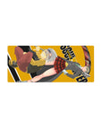Soul Eater anime mouse pad 28x12 inches with Maka and Soul, bold logo shapes and scythe energy swirl.