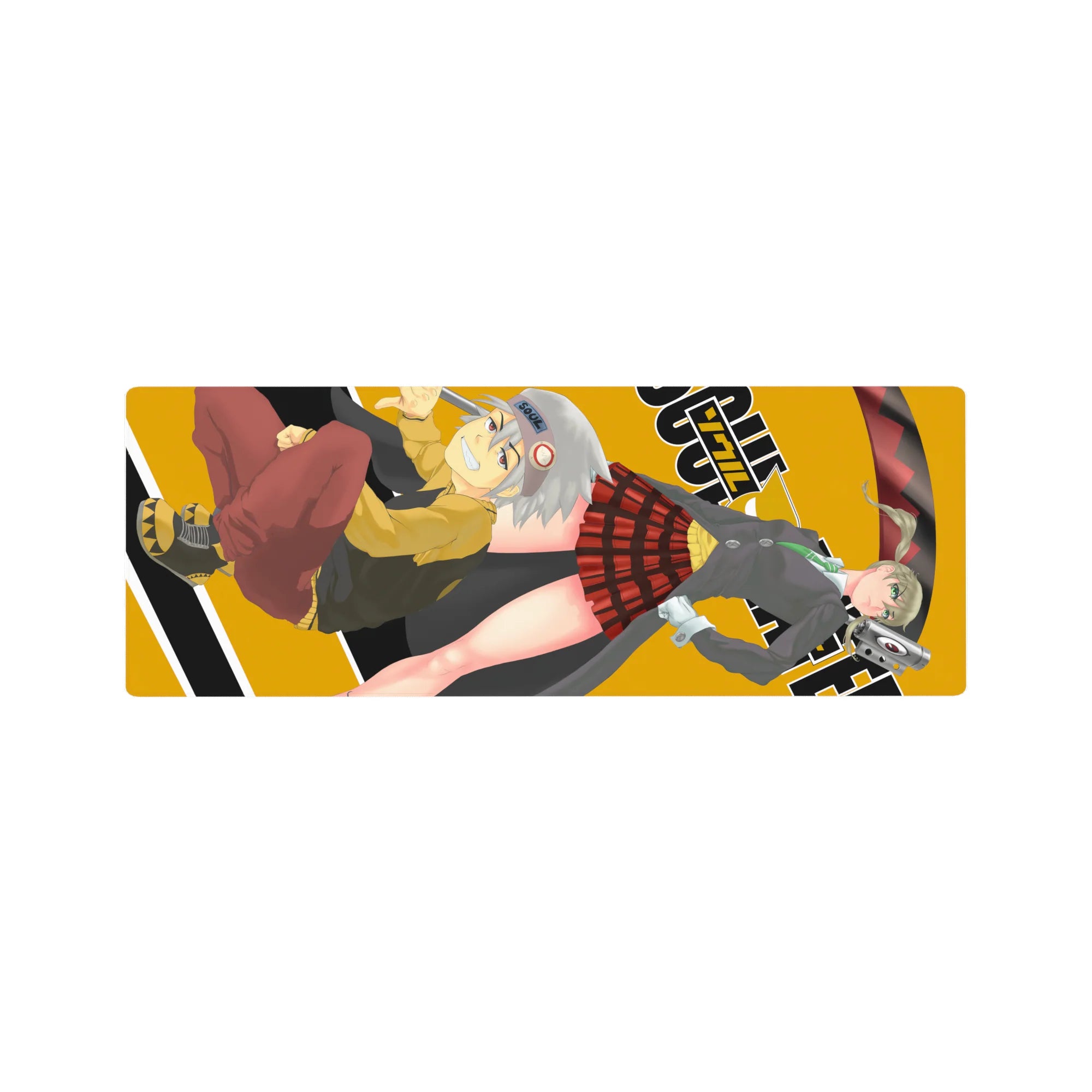 Soul Eater anime mouse pad 32x12 inches with Maka and Soul on a bold mustard backdrop and chunky logo.