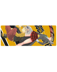 Soul Eater anime mouse pad 32x12 inches with Maka and Soul on a bold mustard backdrop and chunky logo.