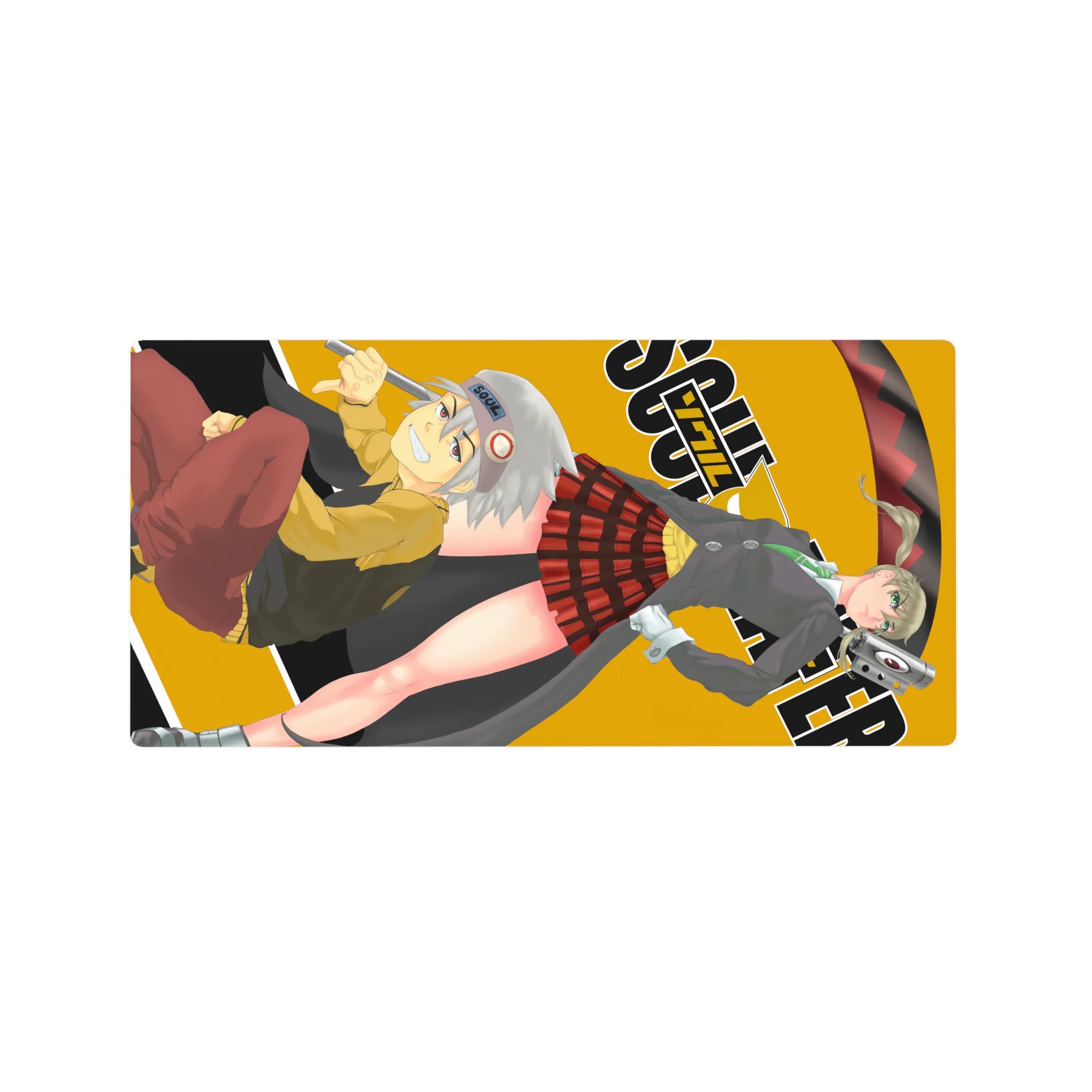 Soul Eater anime mouse pad 32x16 inches with Maka and Soul on bold mustard backdrop and chunky logo shapes.