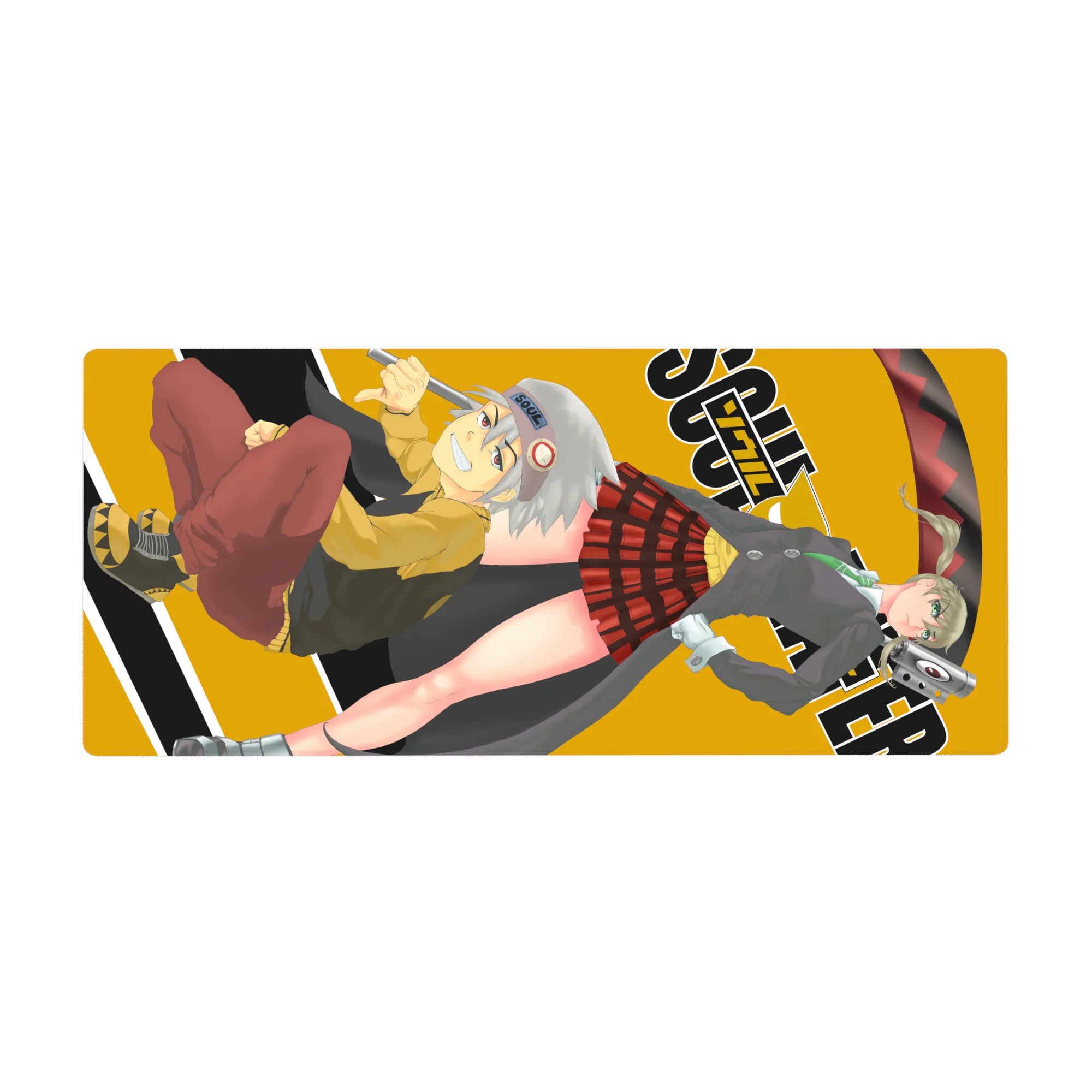 Soul Eater anime desk pad 36x16 inches with Maka and Soul on a bold mustard background and chunky logo.