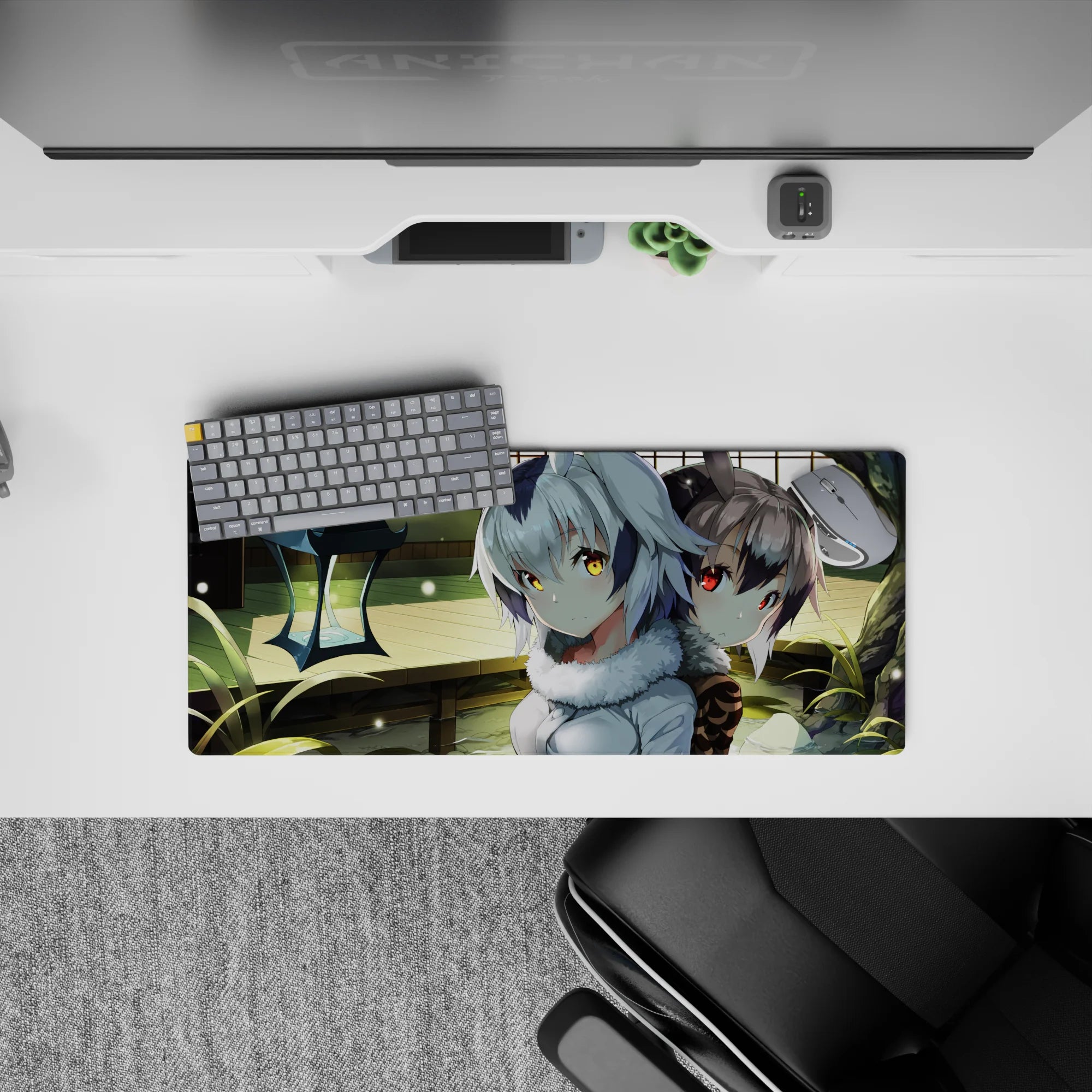 28x12 inches cozy mystery anime girl mouse pad in warm greens, silver hair, and glowing gold-red eyes.