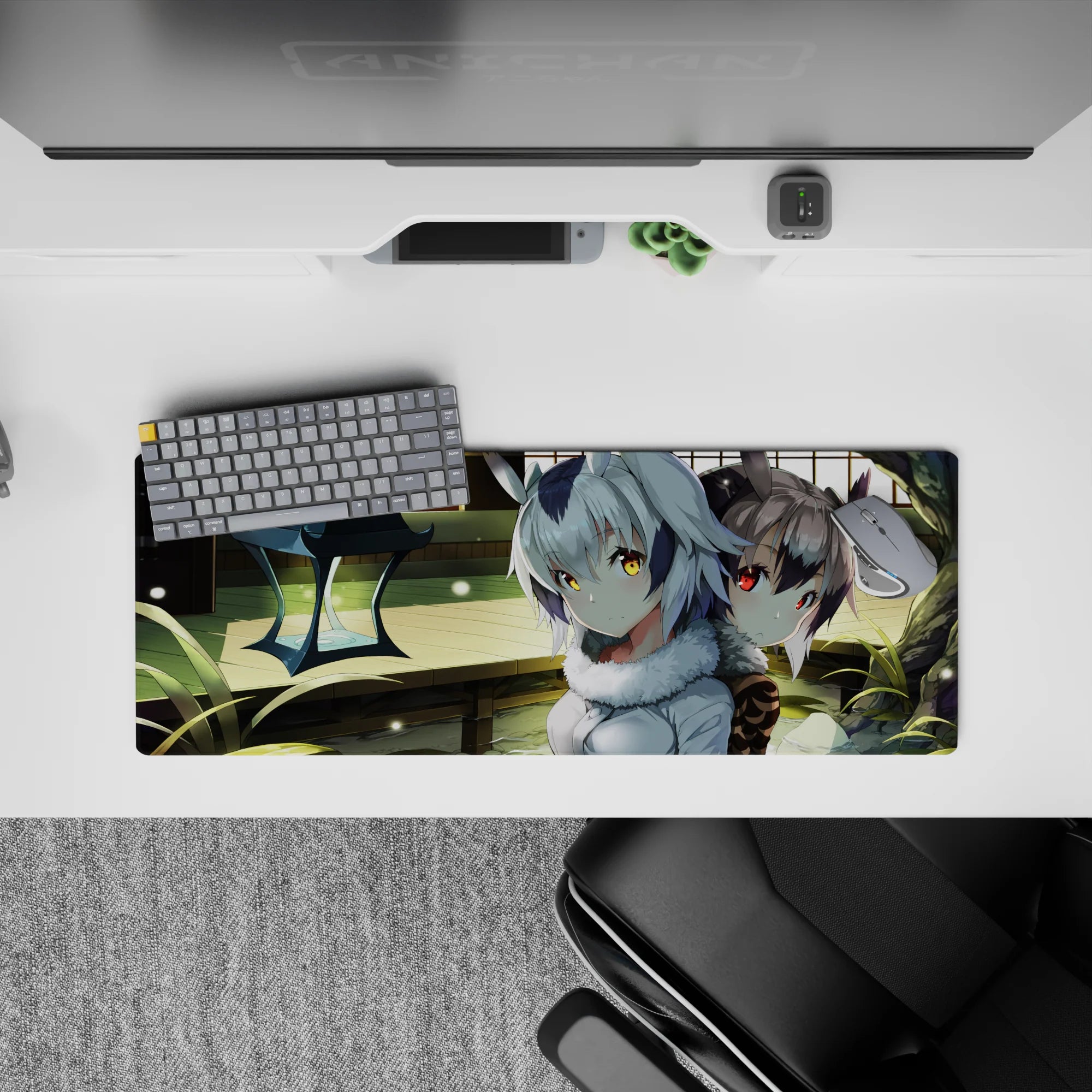 32x12 inches cozy mystery anime desk mat in warm greens, pale silver hair, glowing gold and red eyes.