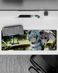 32x12 inches cozy mystery anime desk mat in warm greens, pale silver hair, glowing gold and red eyes.