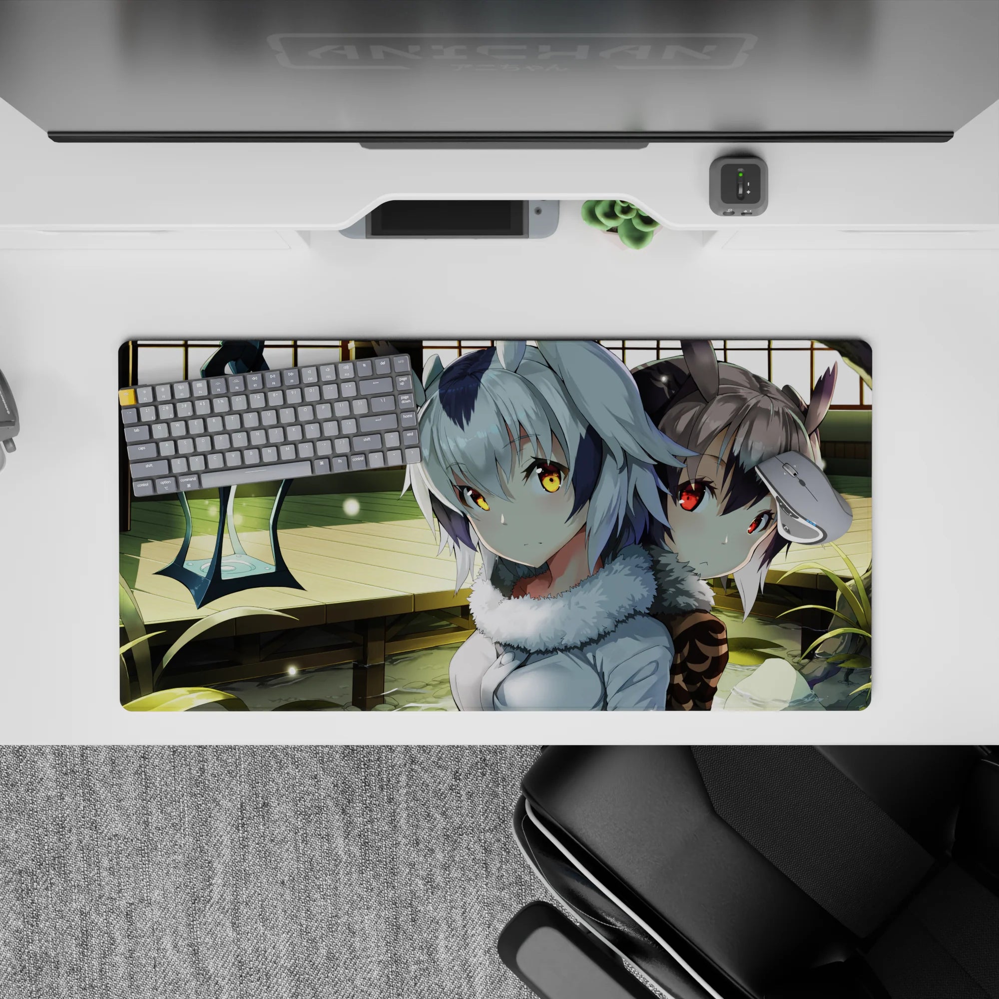 32x16 inches anime girl mouse pad in warm greens and soft silver, glowing gold-red eyes, calm cozy mood.