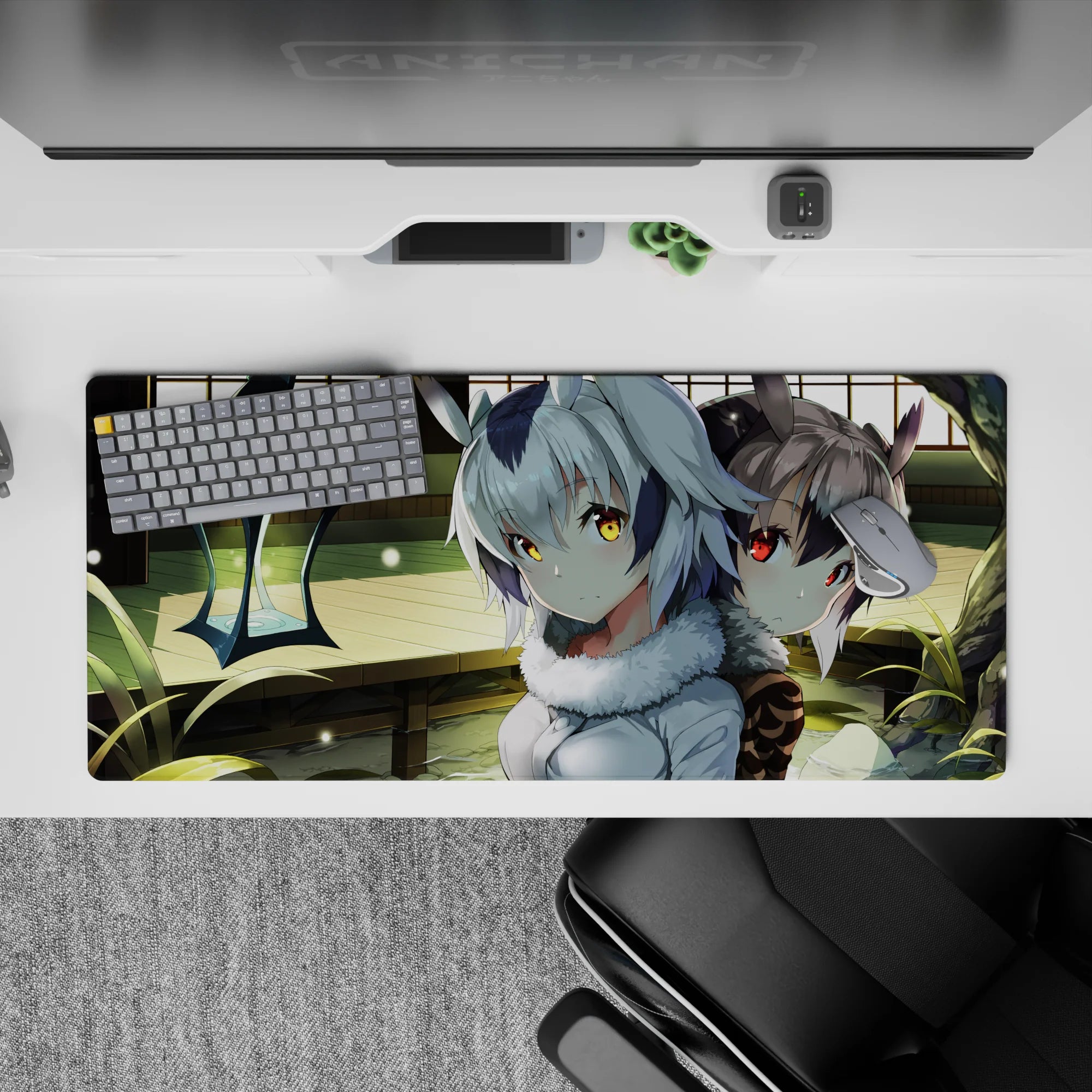 36x16 inches anime girl desk pad in warm greens and soft silver tones, glowing gold-red eyes, dreamy specks.