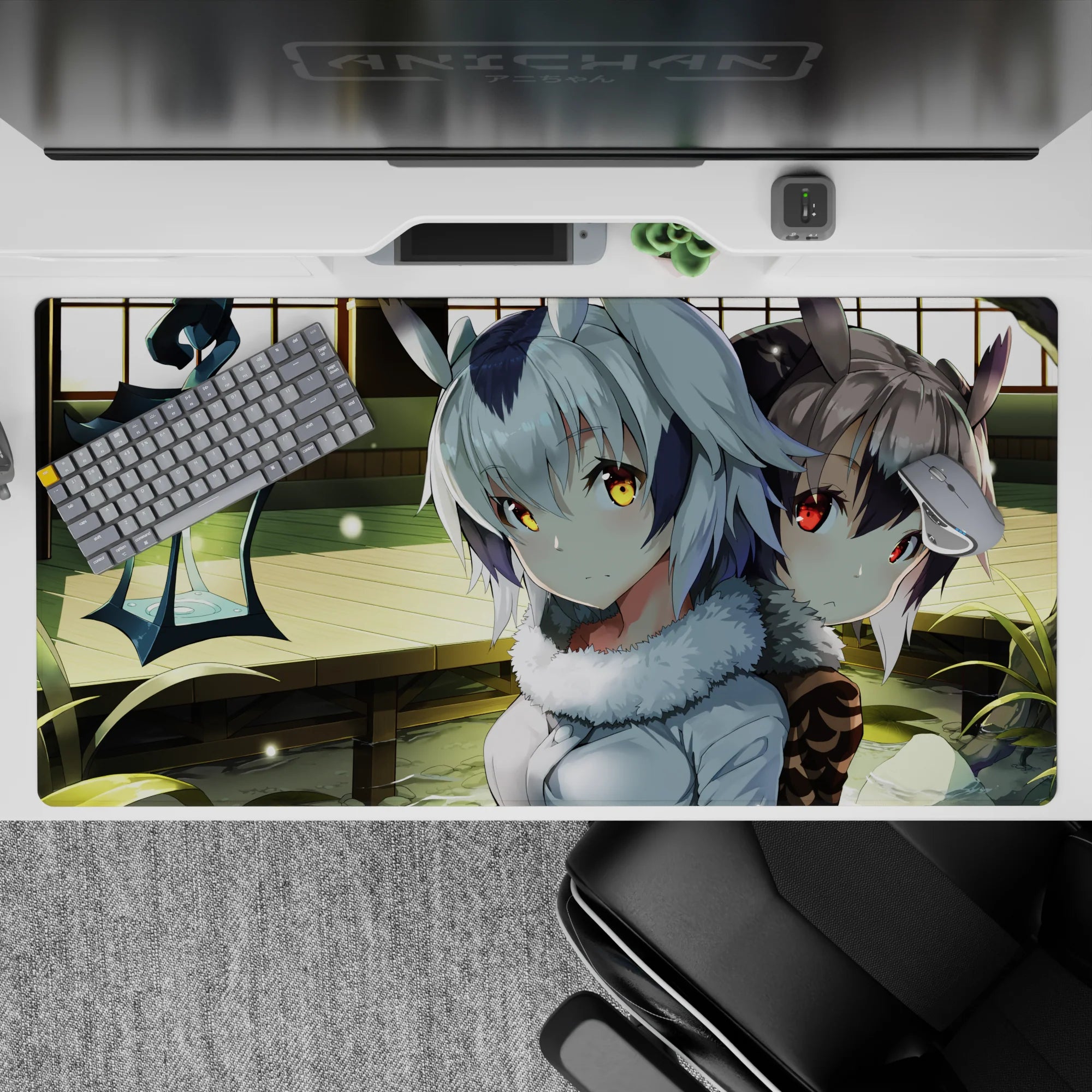 Cozy mystery anime desk pad 40x20 inches in warm greens, silver hair, glowing gold and red eyes.