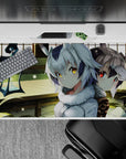 Cozy mystery anime desk pad 40x20 inches in warm greens, silver hair, glowing gold and red eyes.