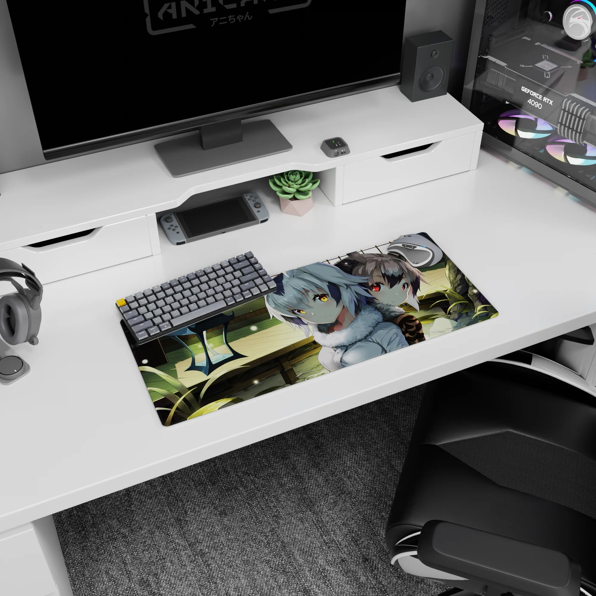 28x12 inches anime girl mouse pad showing two soft beast-ear girls by water, light specks, serene room.