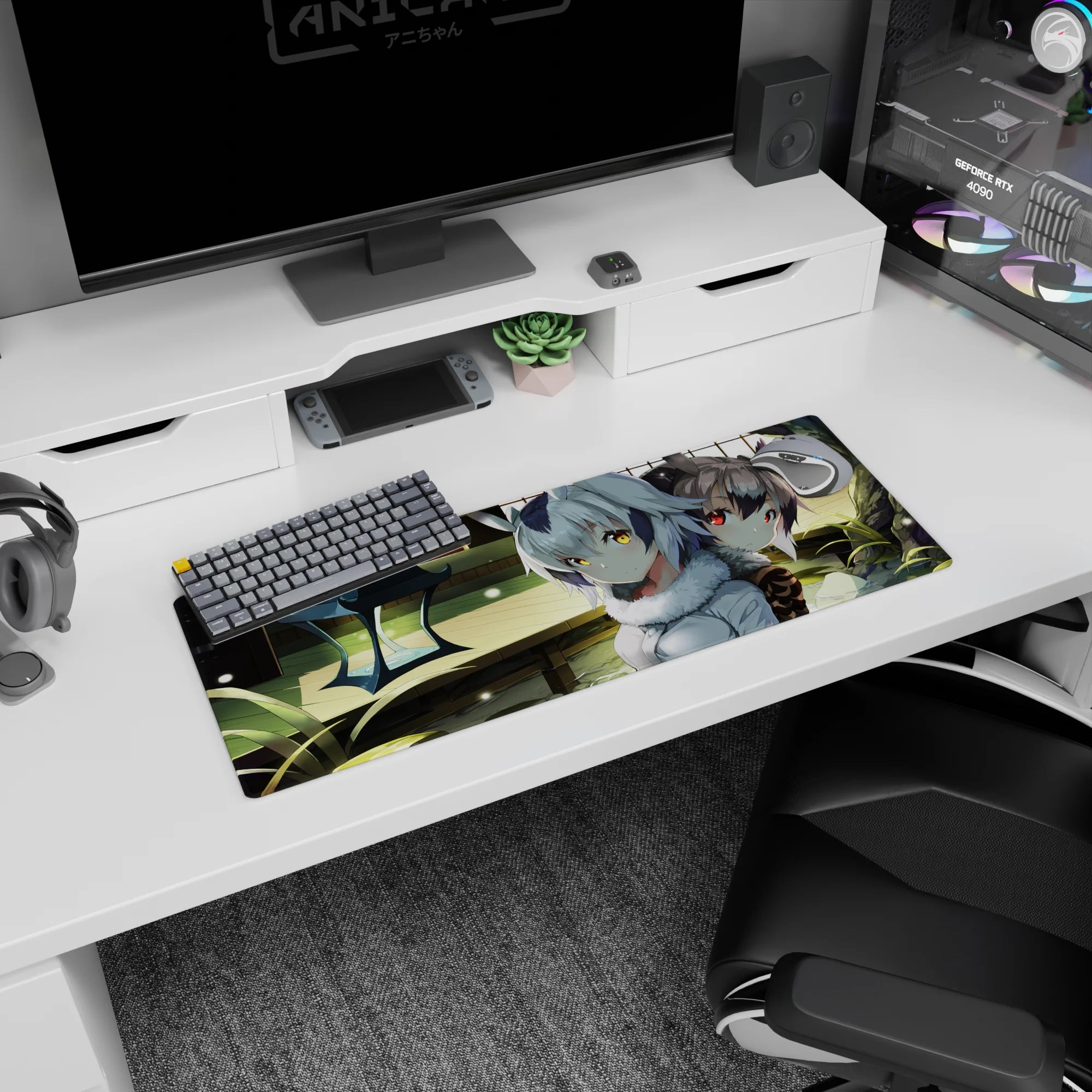 32x12 inches anime mouse pad showing a cute beast-ear girl duo by water, with soft light specks.