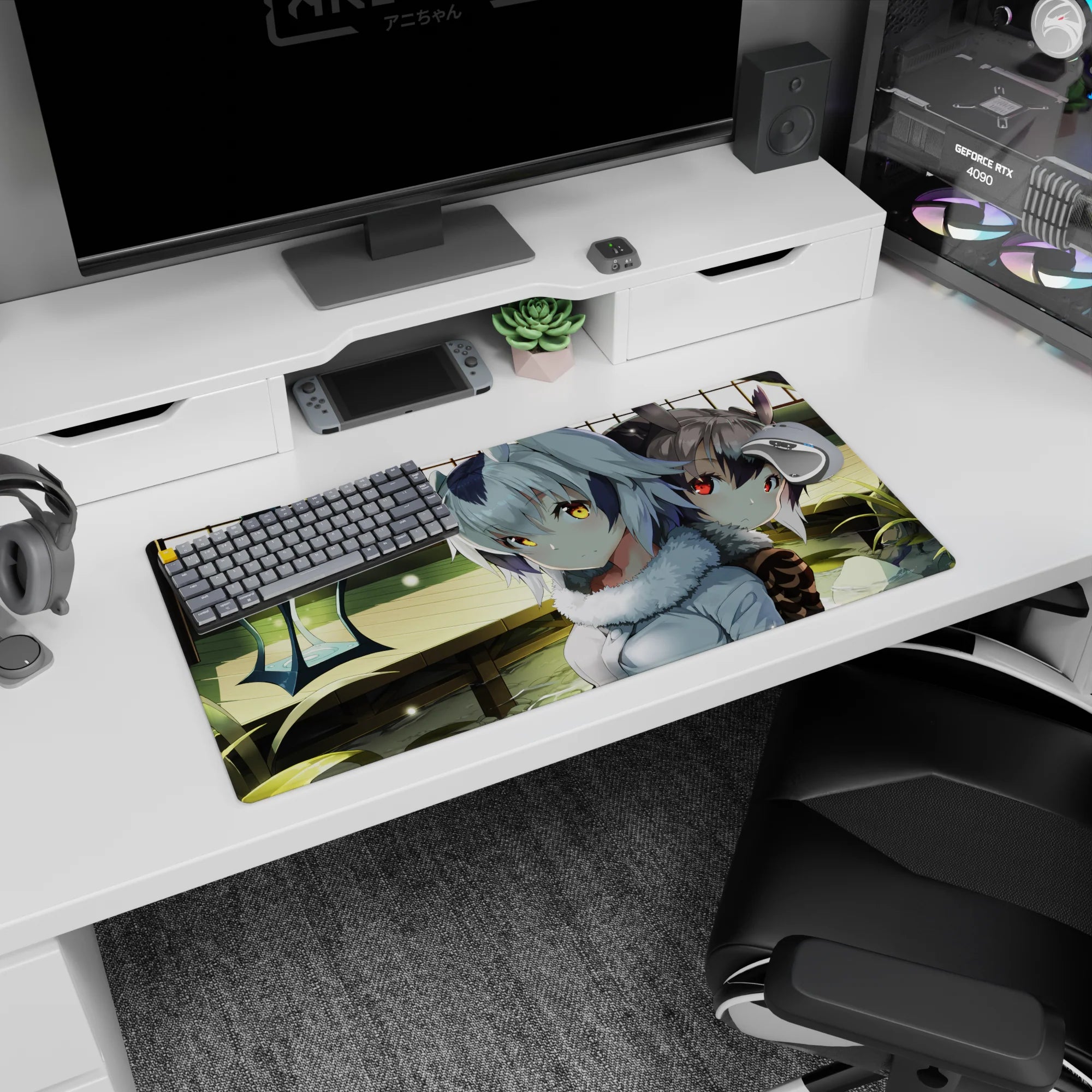 32x16 inches anime girl mouse pad showing a cute beast-ear girl duo by water light specks in a quiet room.
